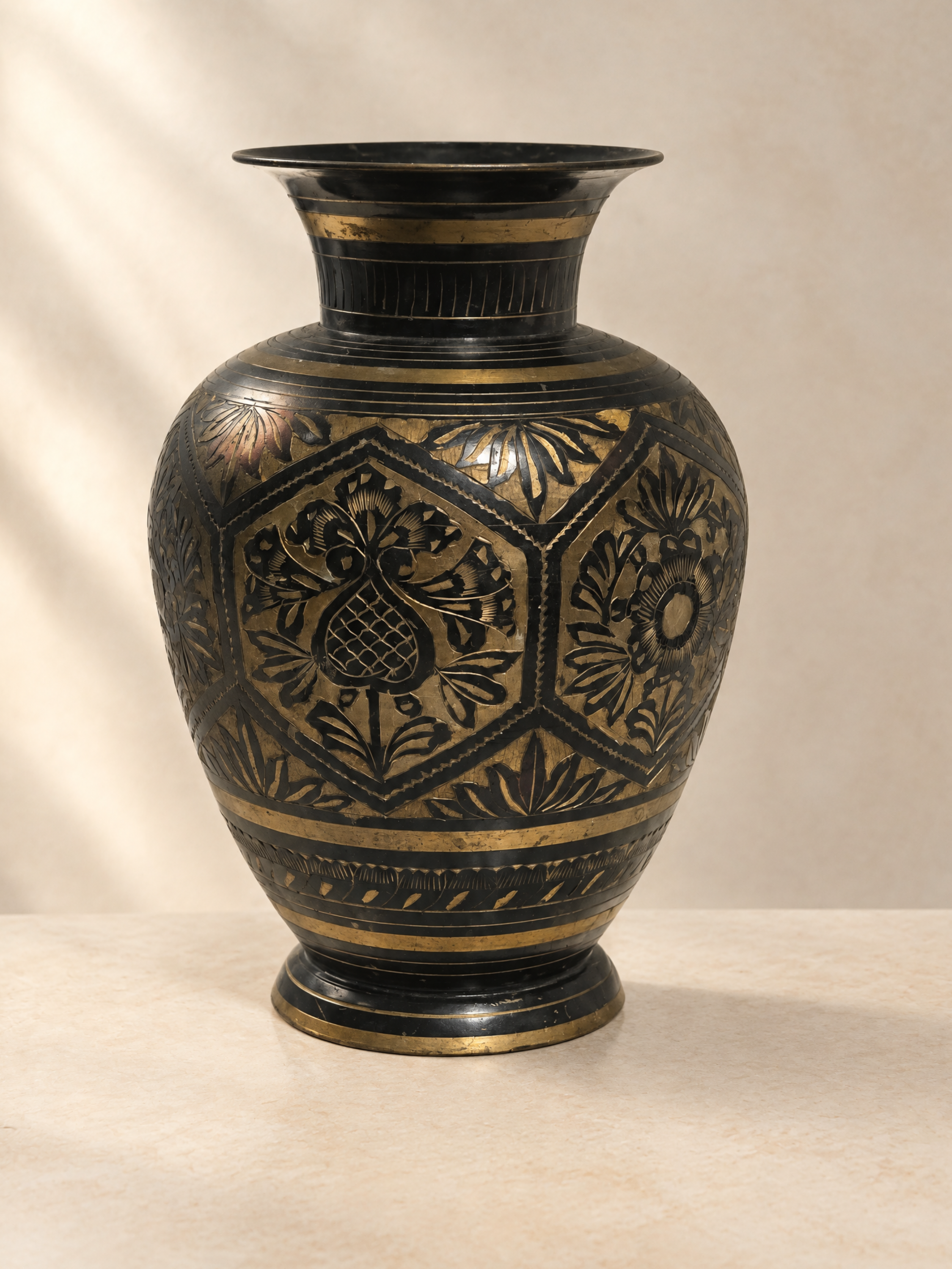 Vintage Etched Brass Urn, Black Gold Floral Metal Decor (8 Inch)