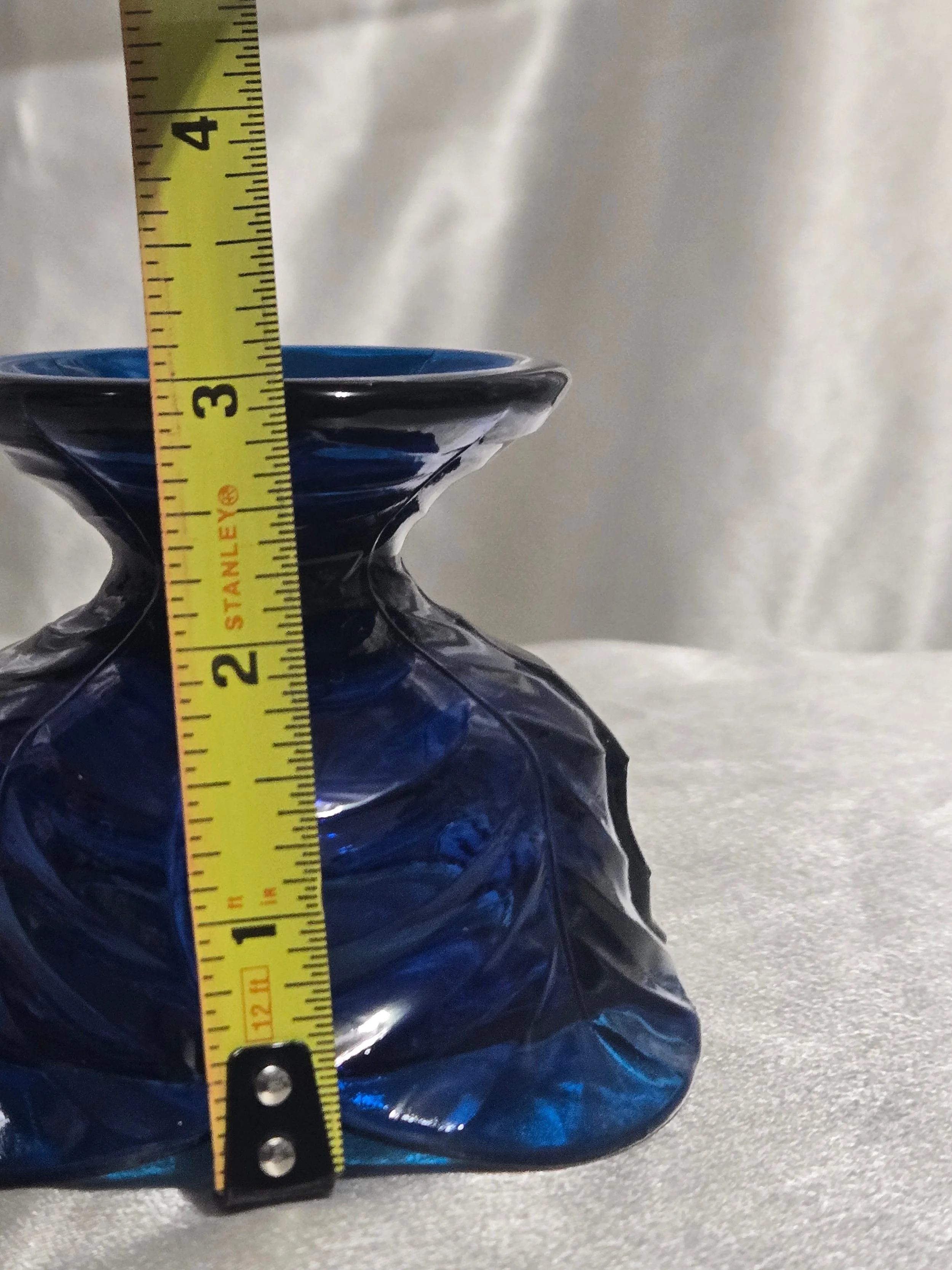 Viking Glass Glimmer Leaf fairy lamp base in charcoal blue pressed glass with leaf pattern and rounded form, mid-century vintage decorative piece.