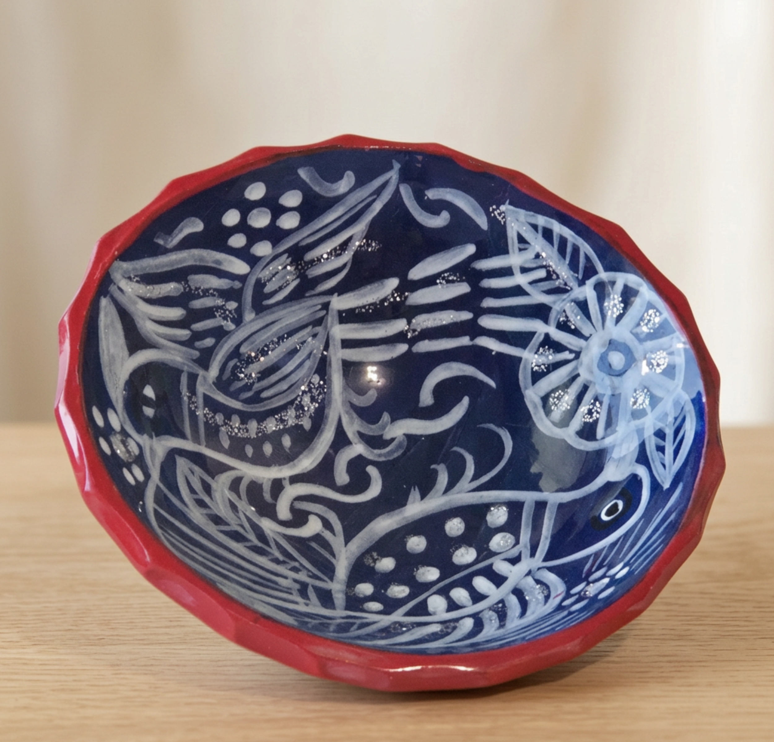 Vintage Hand Painted Bird Trinket Dish • Blue White Red Folk Art Ceramic Ring Bowl