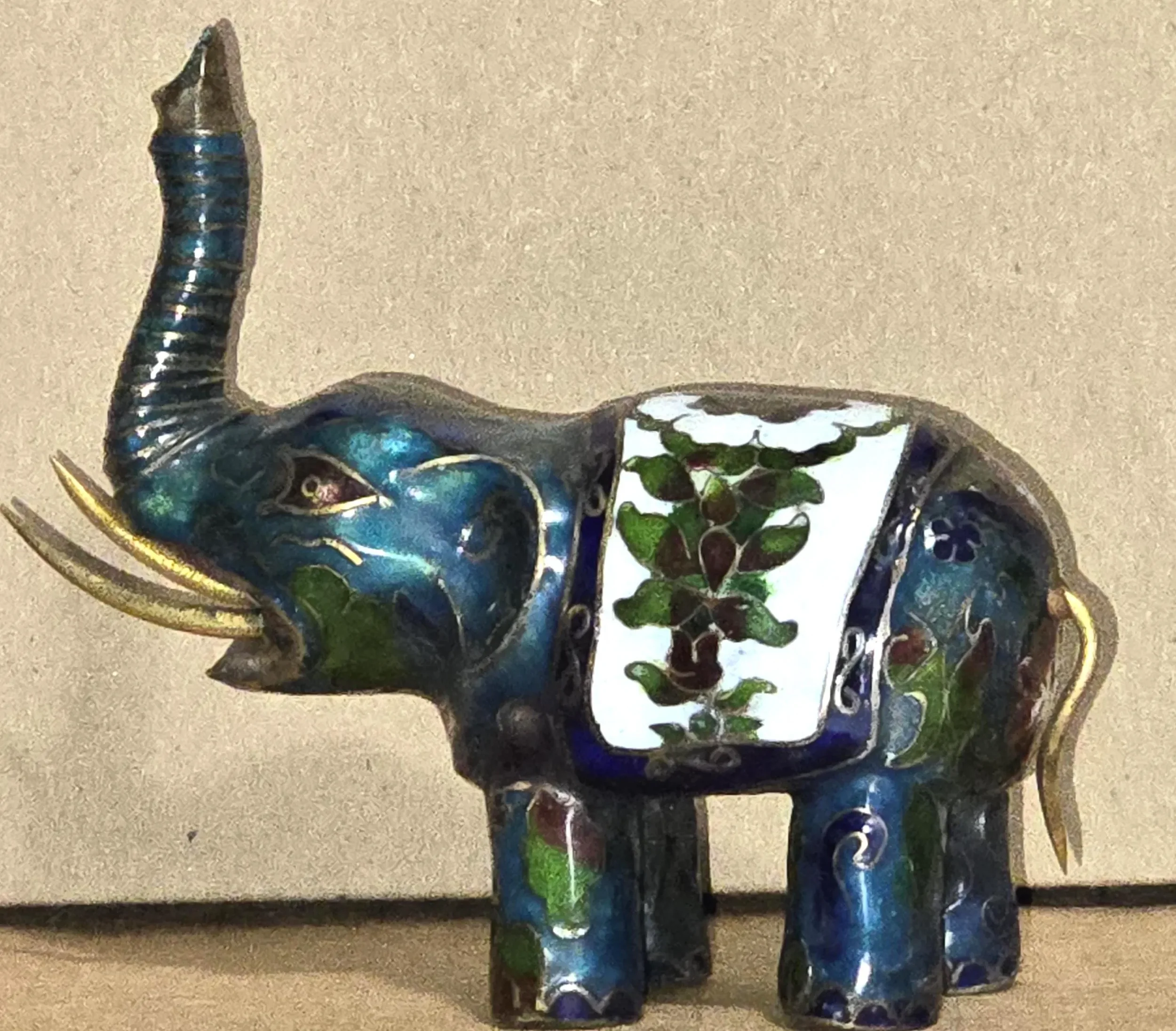 Vintage Cloisonne Elephant Figurine Blue Enamel Floral Saddle Asian Brass Decor 4 Inch