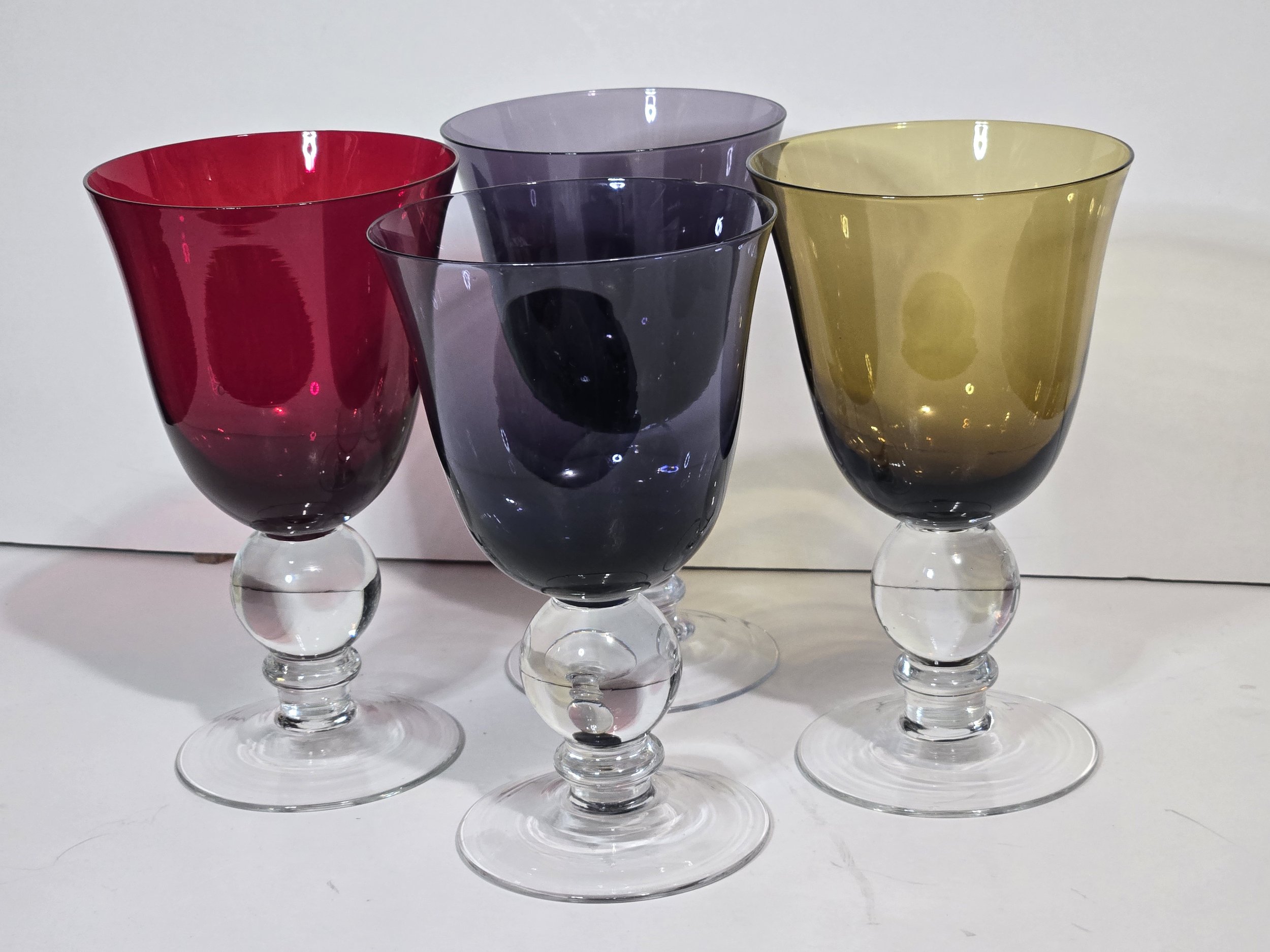 Vintage Colored Glass Goblets Set of 4, Jewel-Tone Ball Stem Wine Glasses