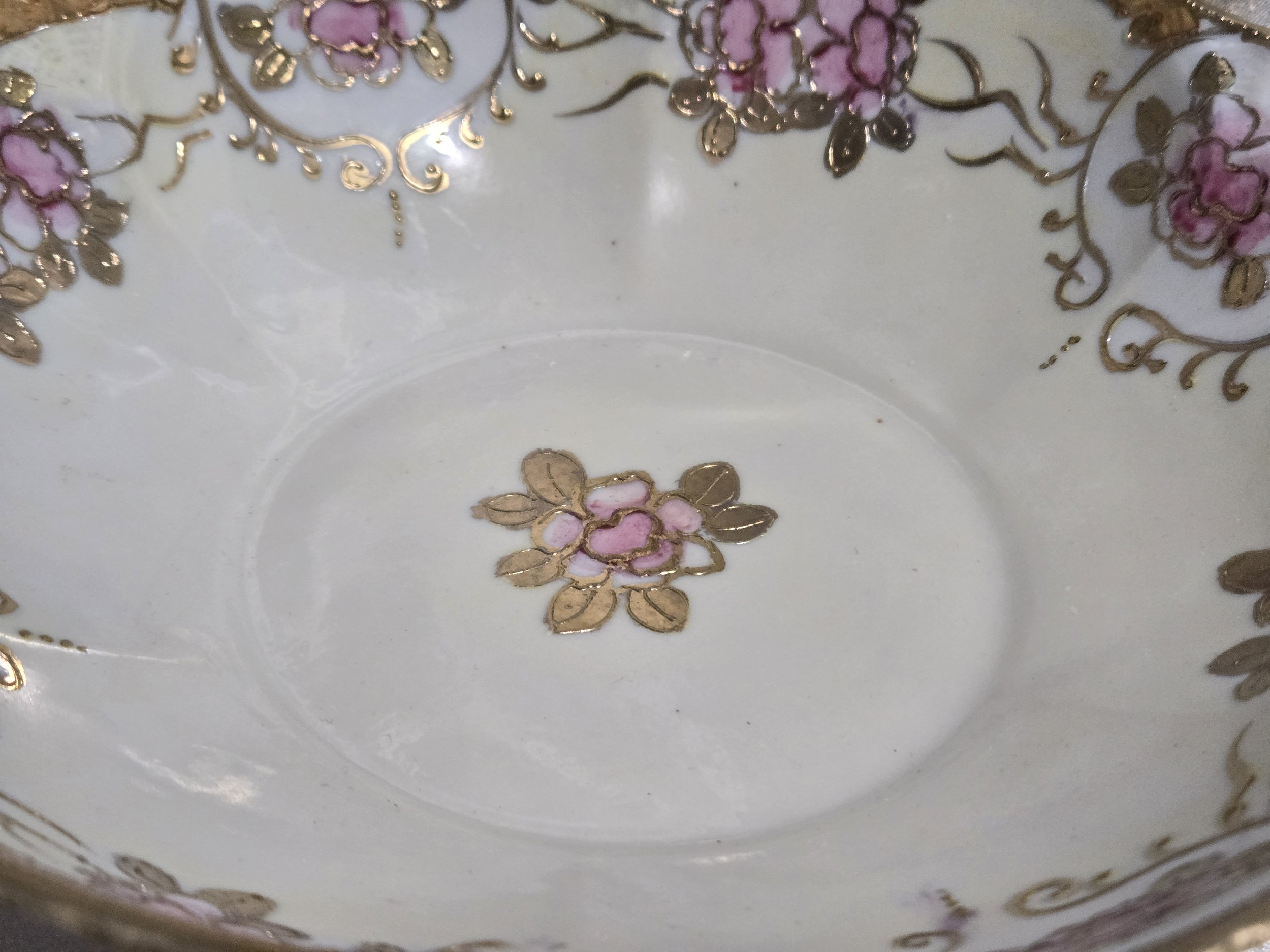 Bibi Nippon porcelain bowl detail showing hand painted flowers and scalloped gilt rim