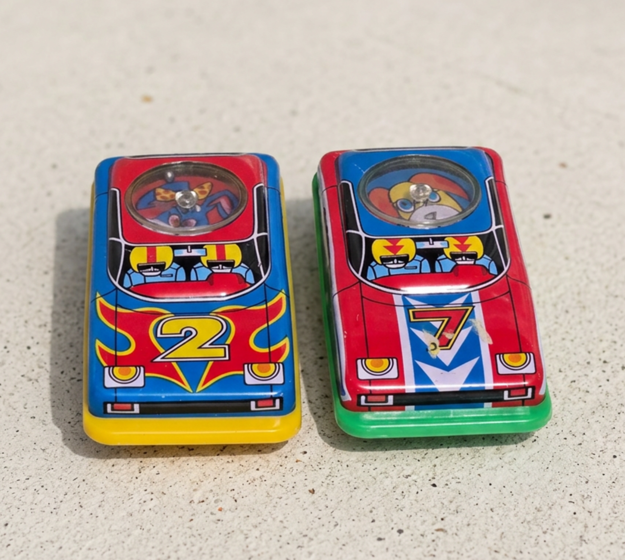 Vintage Jimmy Toys MH2 & MH7 Tin Friction Cars Set of 2 • 1970s Litho Spinner Novelty Race Cars