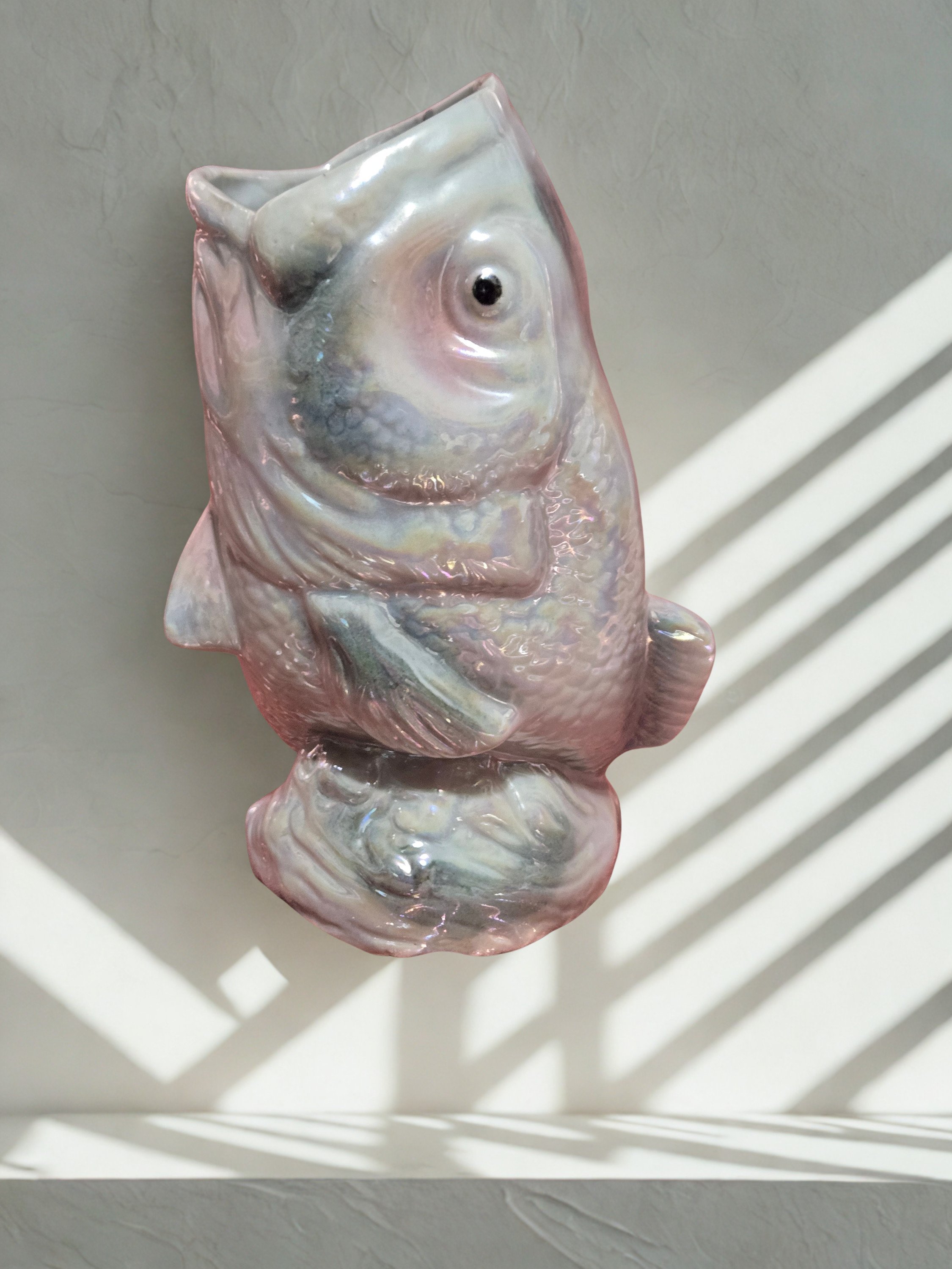 Vintage Opalescent Glass Fish Vase Iridescent Coastal Beach House Decor