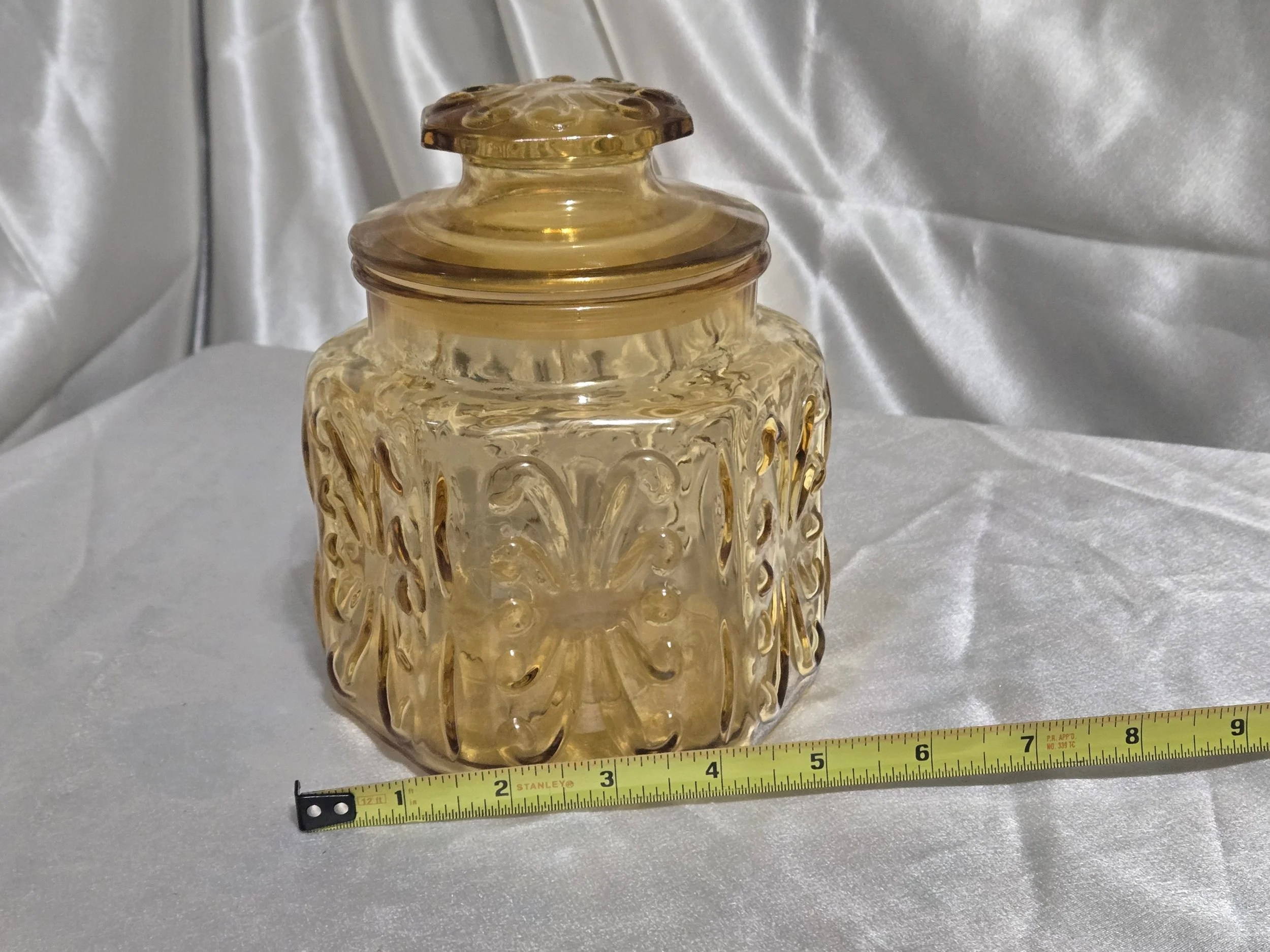Vintage amber pressed glass cookie jar with lid, 1970s retro kitchen canister