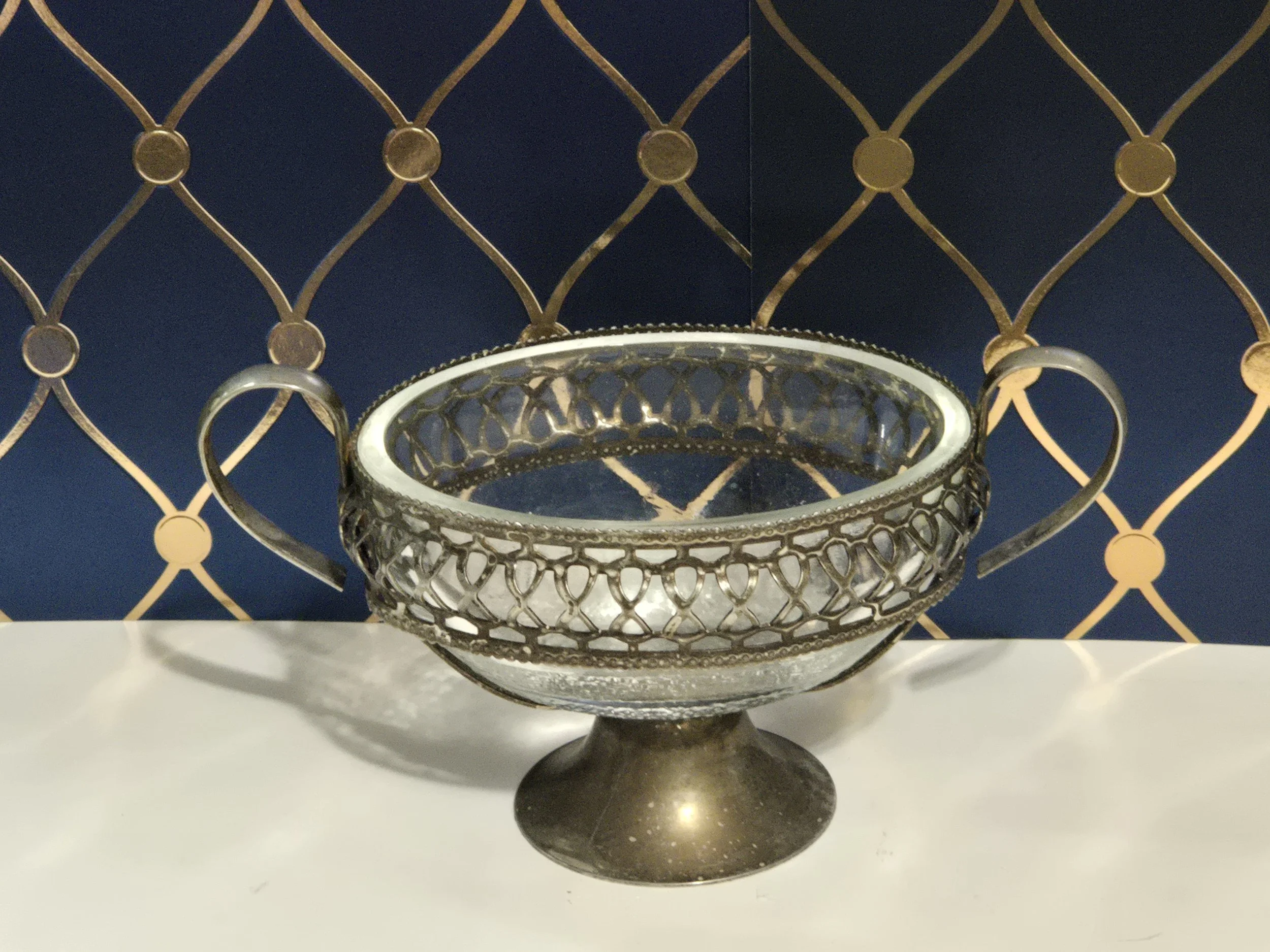 Vintage Silver Plated Pedestal Serving Dish with Glass Insert, English Style Openwork Centerpiece Bowl