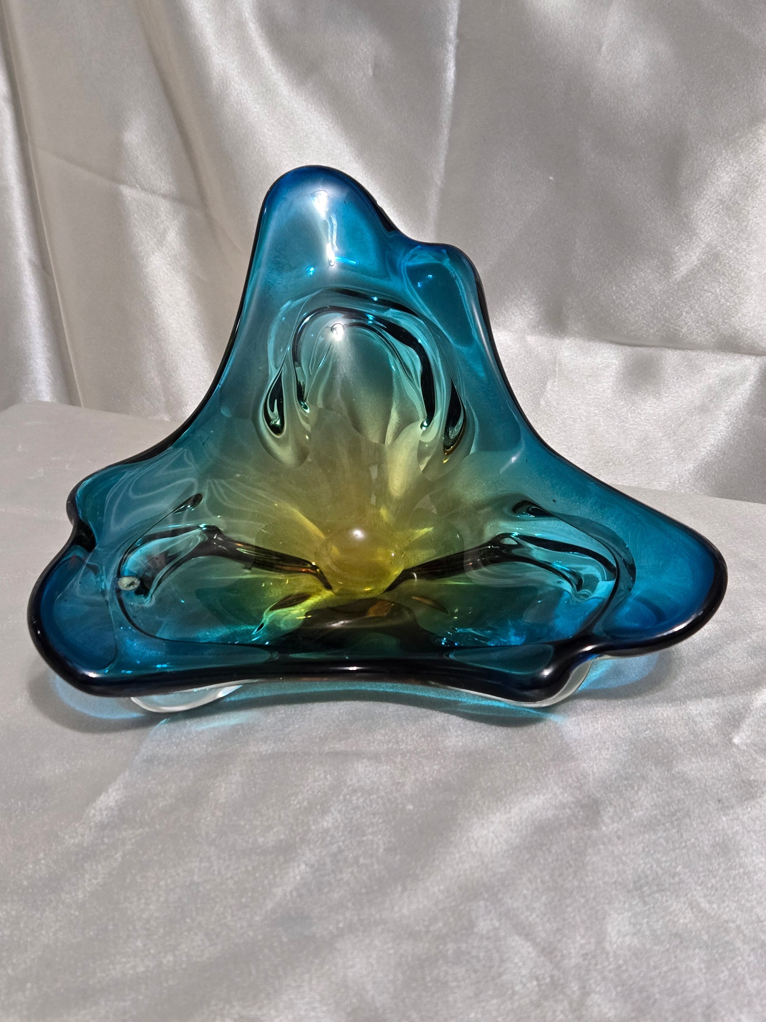 Murano Style Blue Amber Hand Blown Art Glass Bowl