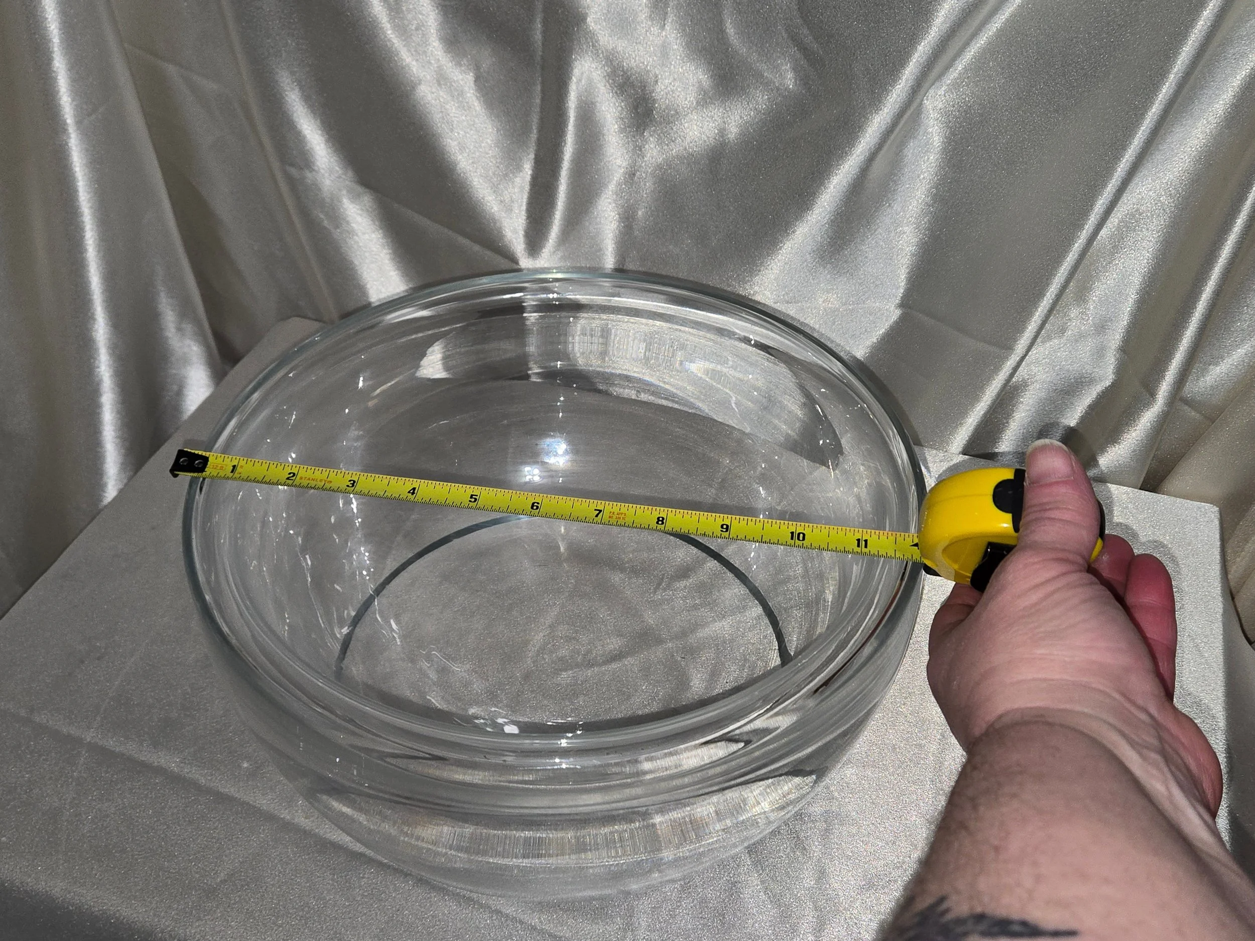 Vintage clear glass double wall centerpiece bowl with tape measure showing diameter