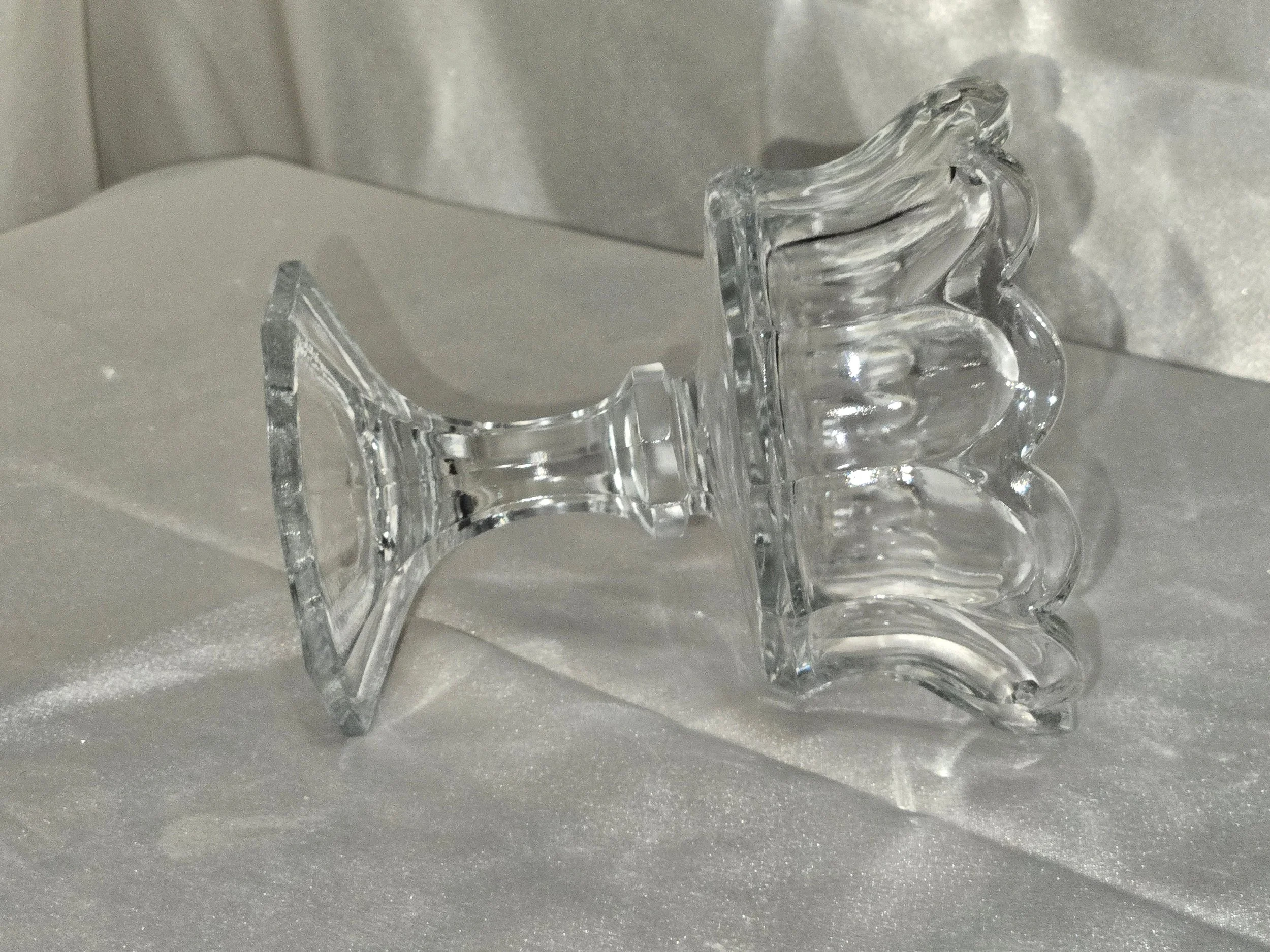Side view of EAPG pressed glass compote showing glass depth and scalloped rim