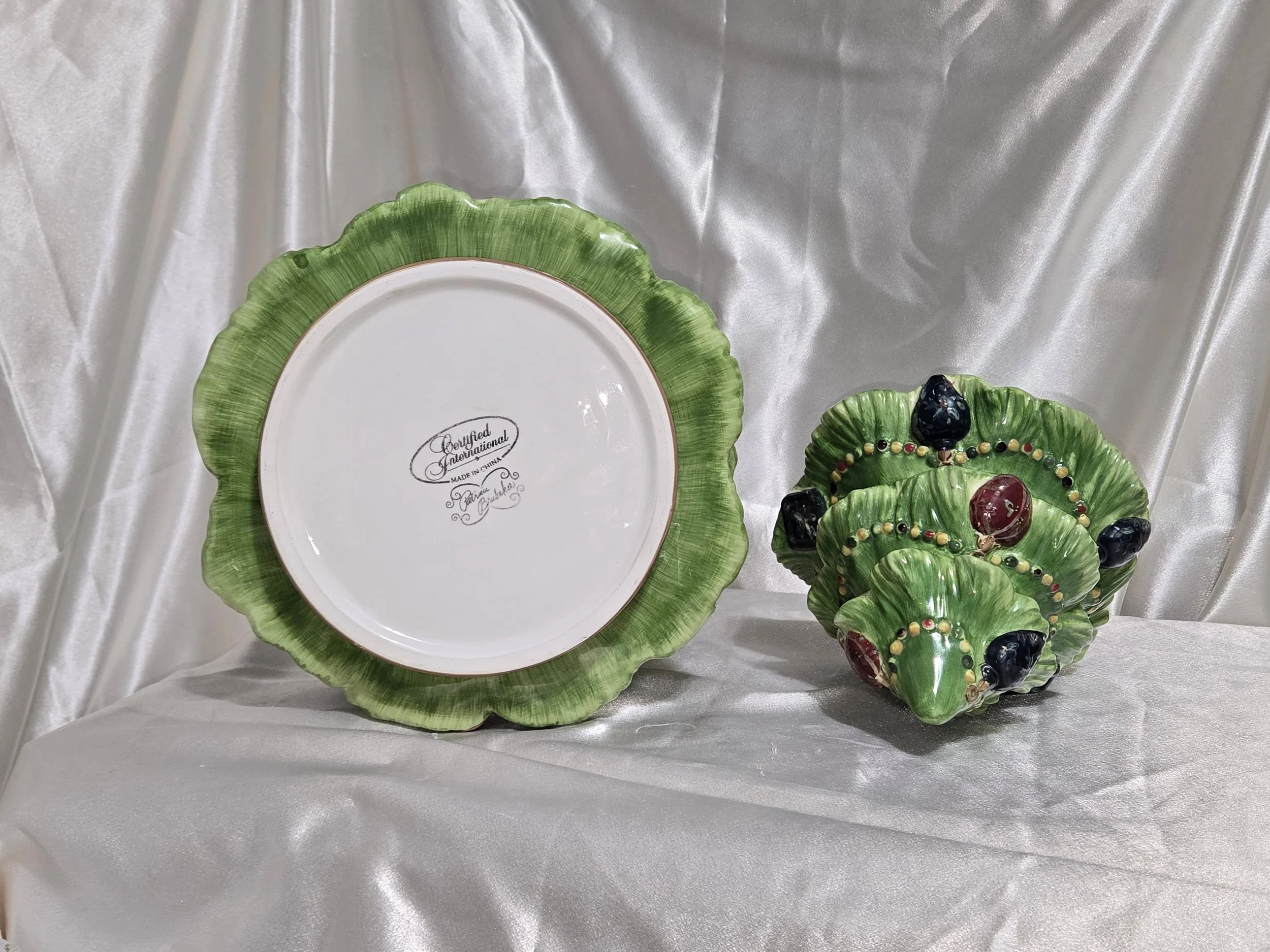 Ceramic Christmas tree cookie jar by Certified International China with ornament details and layered branches.