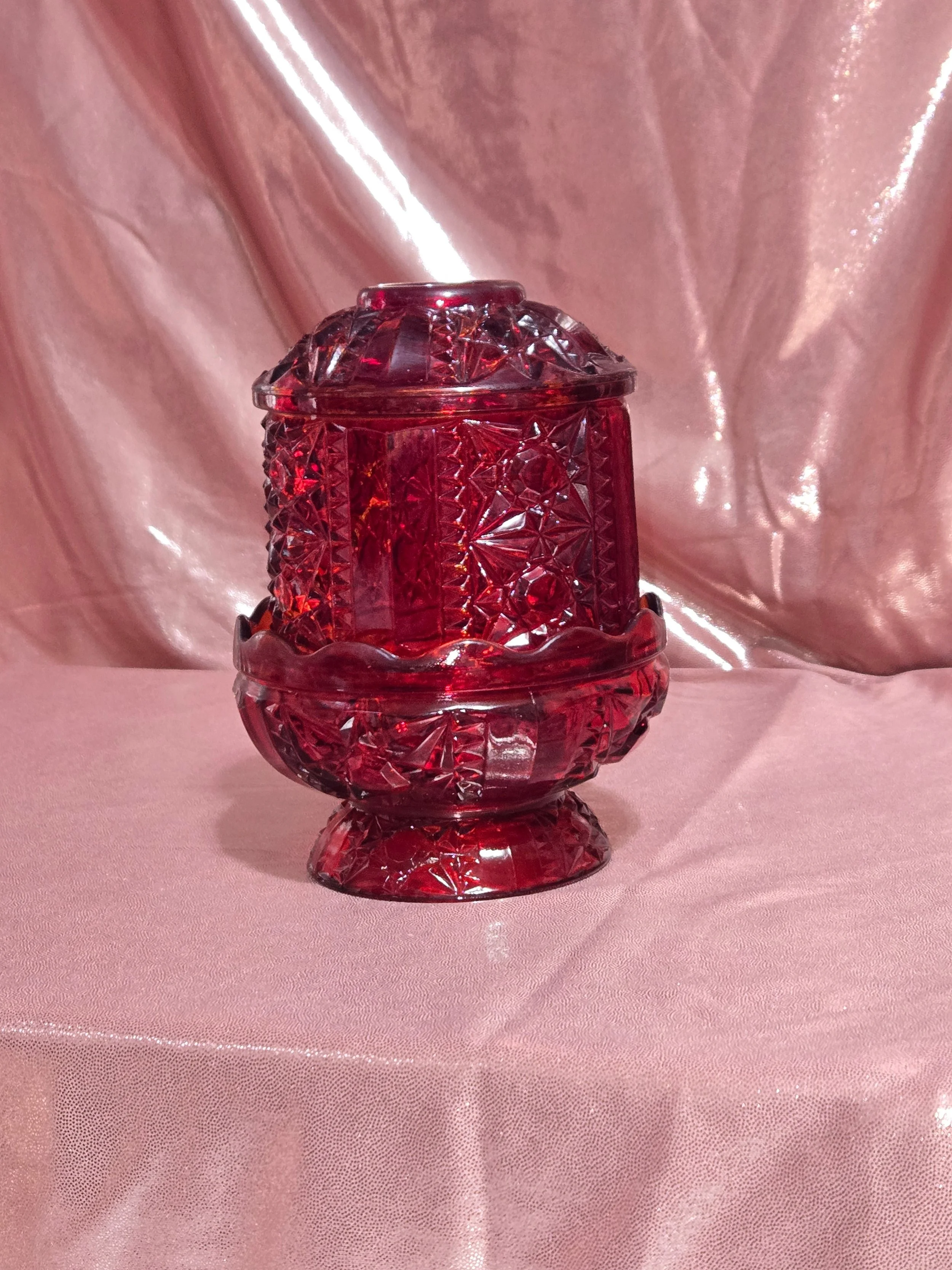 Vintage Indiana Glass Stars and Bars Flash Red Fairy Lamp Candle Holder