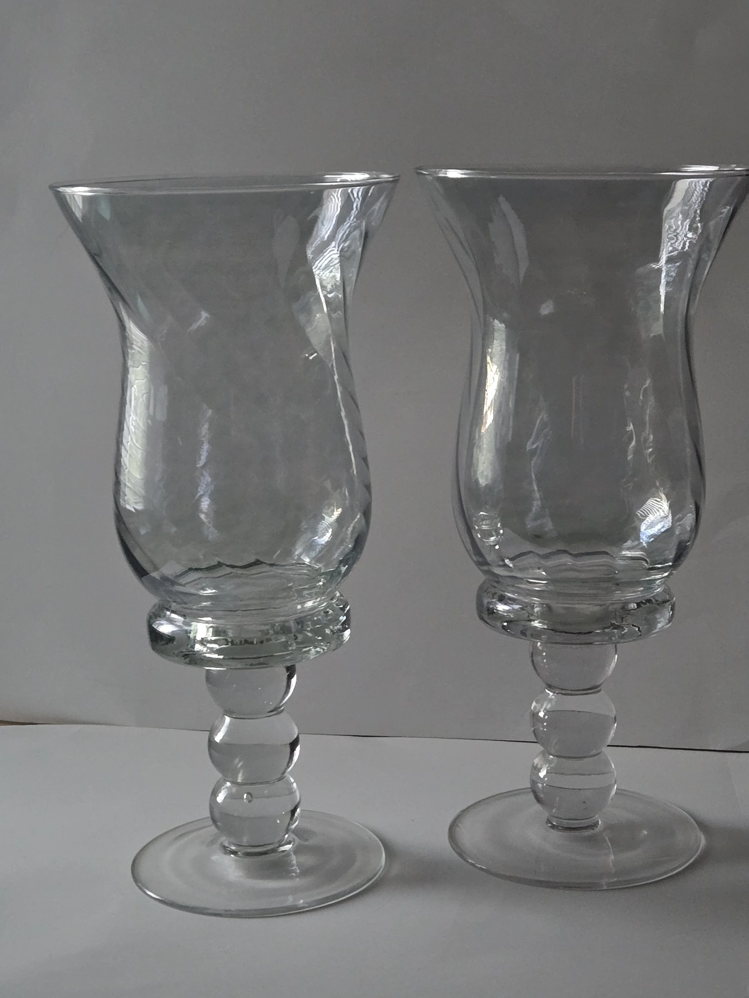 Set of 2 Vintage Clear Glass Pedestal Vases, 13 Inch Tall Floral Wedding Centerpieces