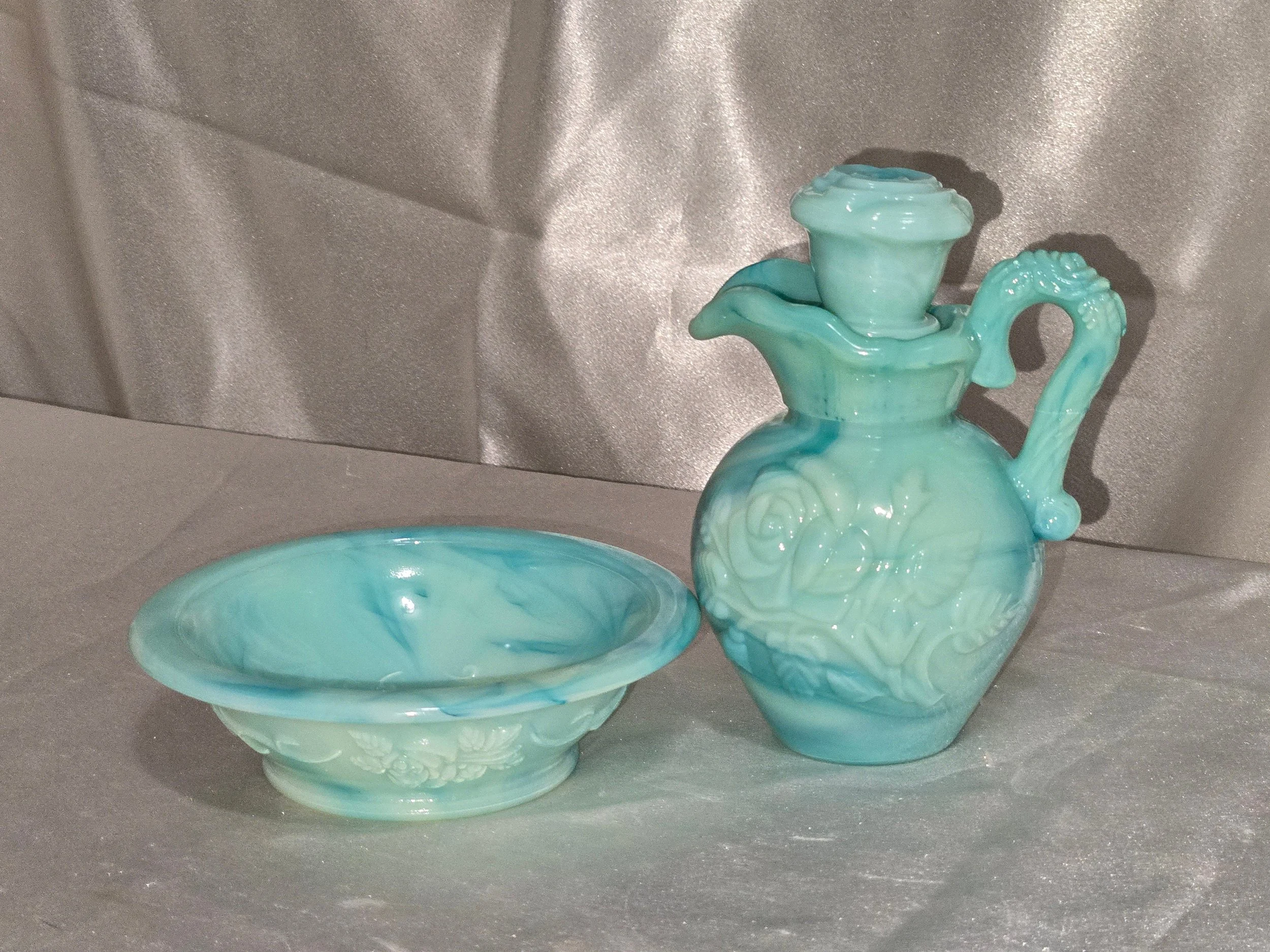 Vintage Avon Jadeite Milk Glass Pitcher and Bowl Set 1970s