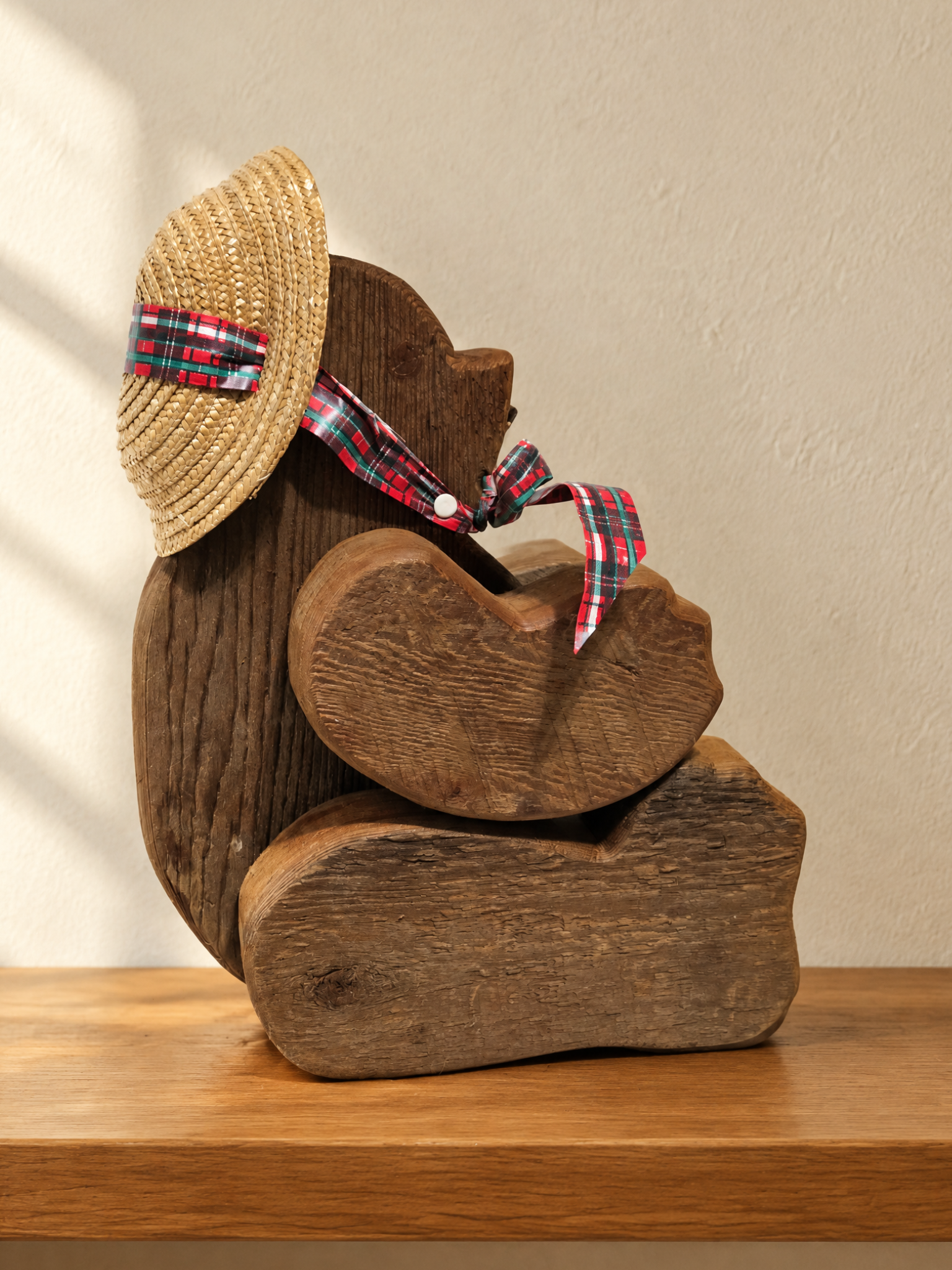 Vintage Wooden Teddy Bear Figurine Straw Hat Primitive Folk Art Farmhouse Decor