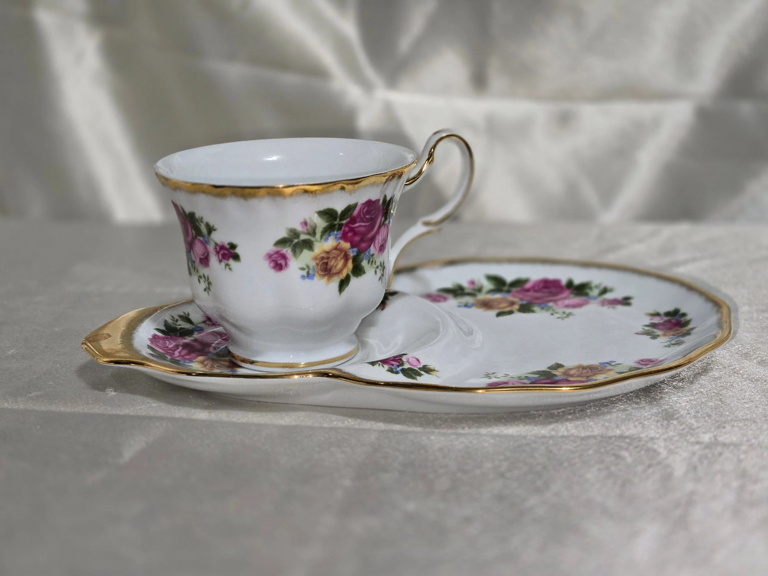 Porcelain Treasure Pink & Yellow Roses Gold Gilt Snack Plate & Cup