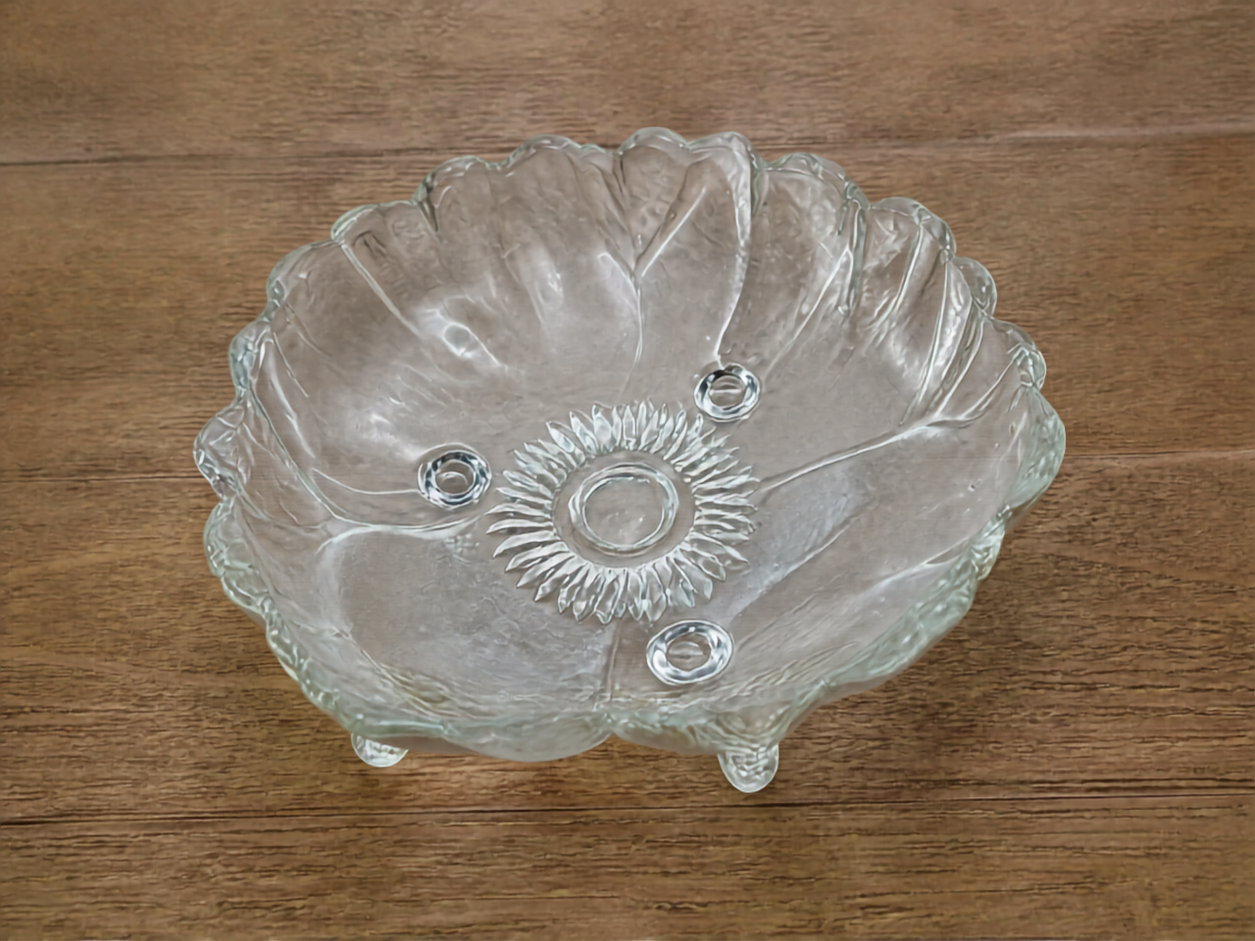 Vintage Indiana Glass Sunflower Lily Pons Footed Bowl • Clear Pressed Glass Floral Serving Dish