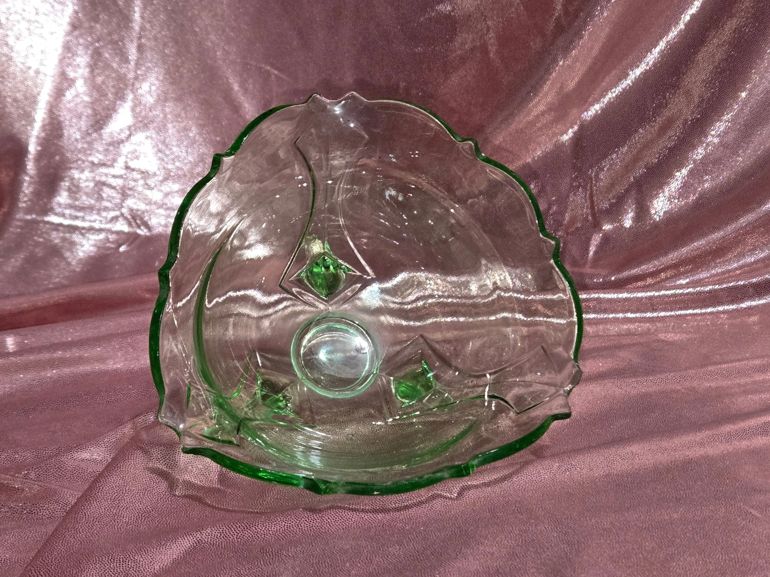 Top view of uranium glass candy dish with geometric details