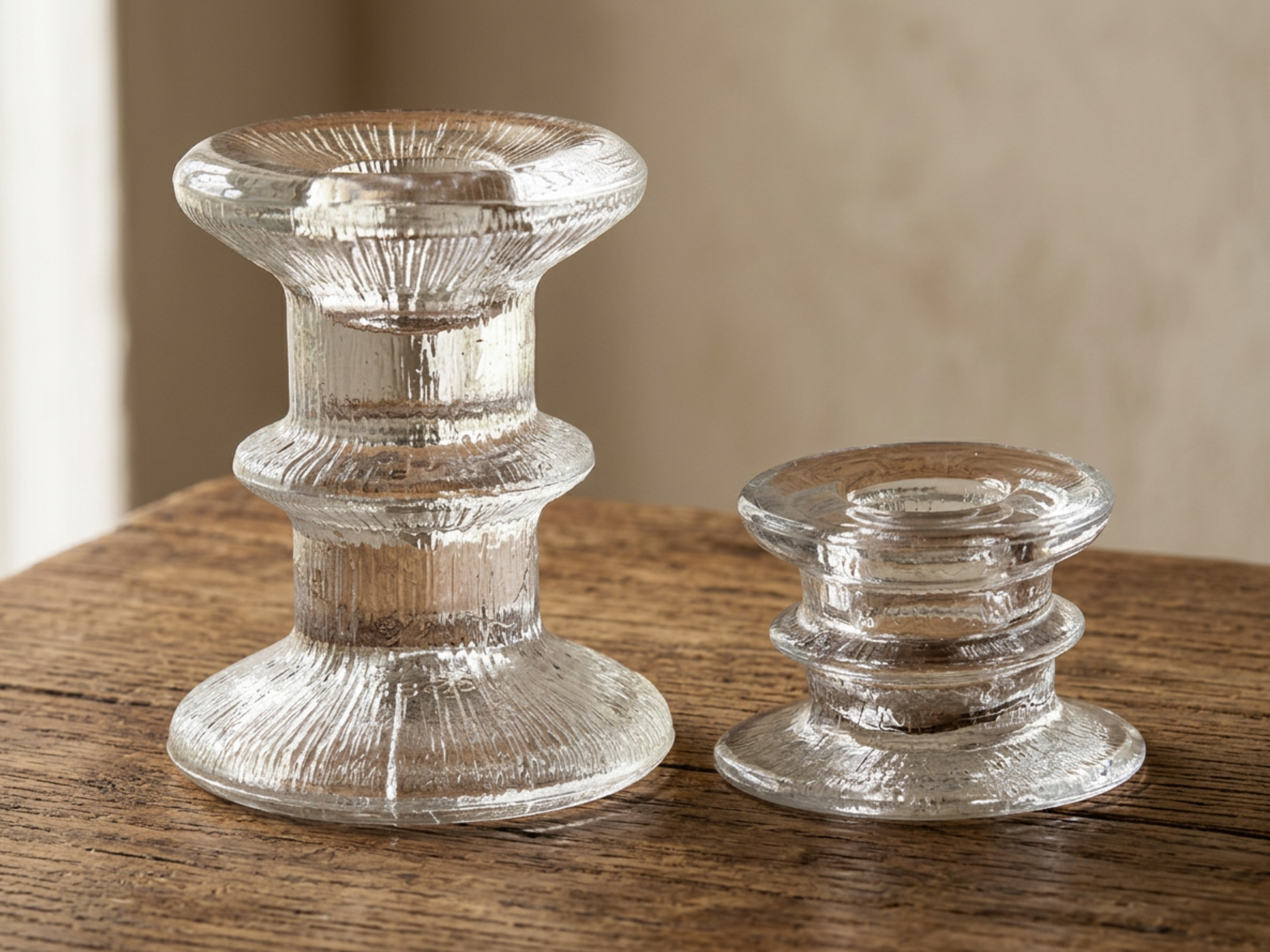 Vintage Ribbed Glass Candle Holders Pair • Clear Pressed Glass Graduated Taper Candlesticksv