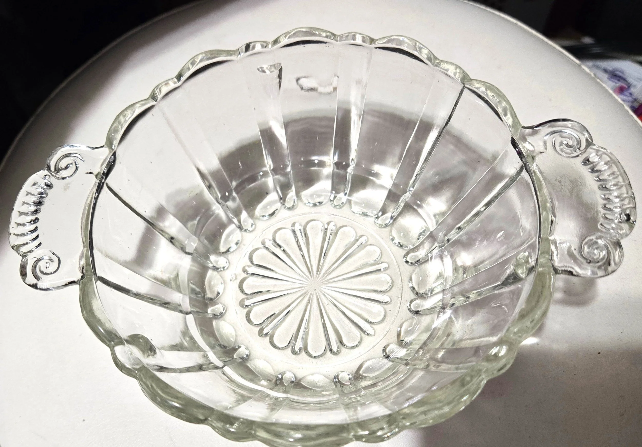 Vintage Anchor Hocking Old Café Depression Glass Candy Dish | Clear Glass Handled Bowl | 1930s Starburst Base