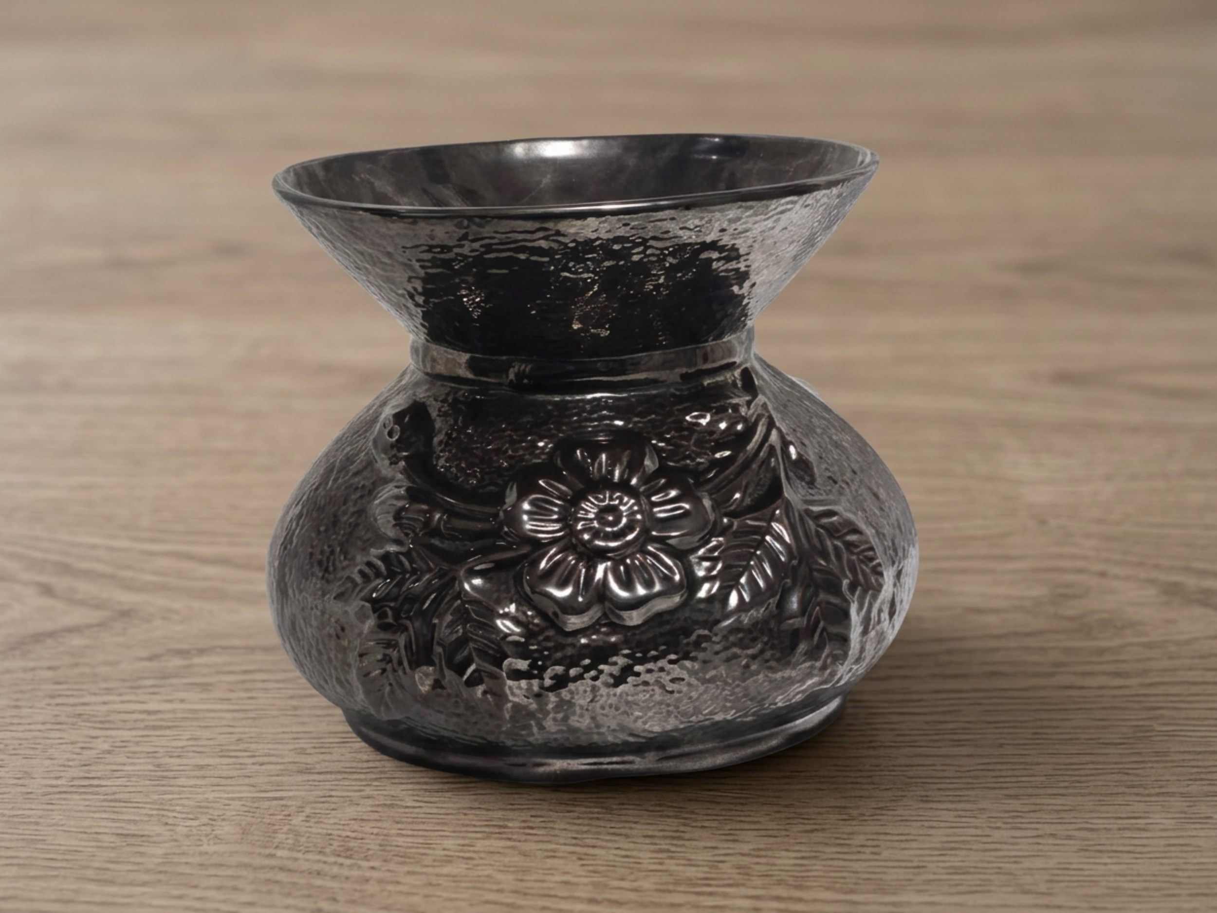 Vintage Signed Art Pottery Vase • Black Metallic Glaze Floral Relief Ceramic Vase