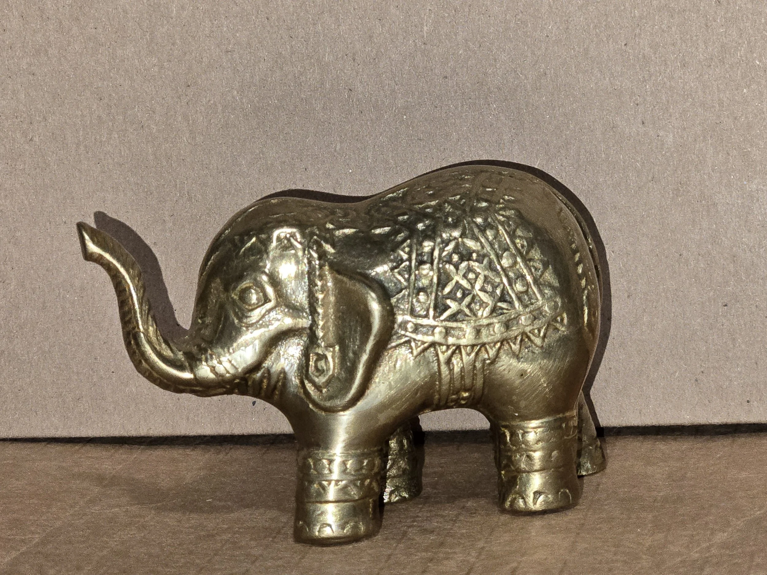 Vintage Brass Elephant Figurine Trunk Up, Hand Etched Indian Decor, Lucky Elephant Statue