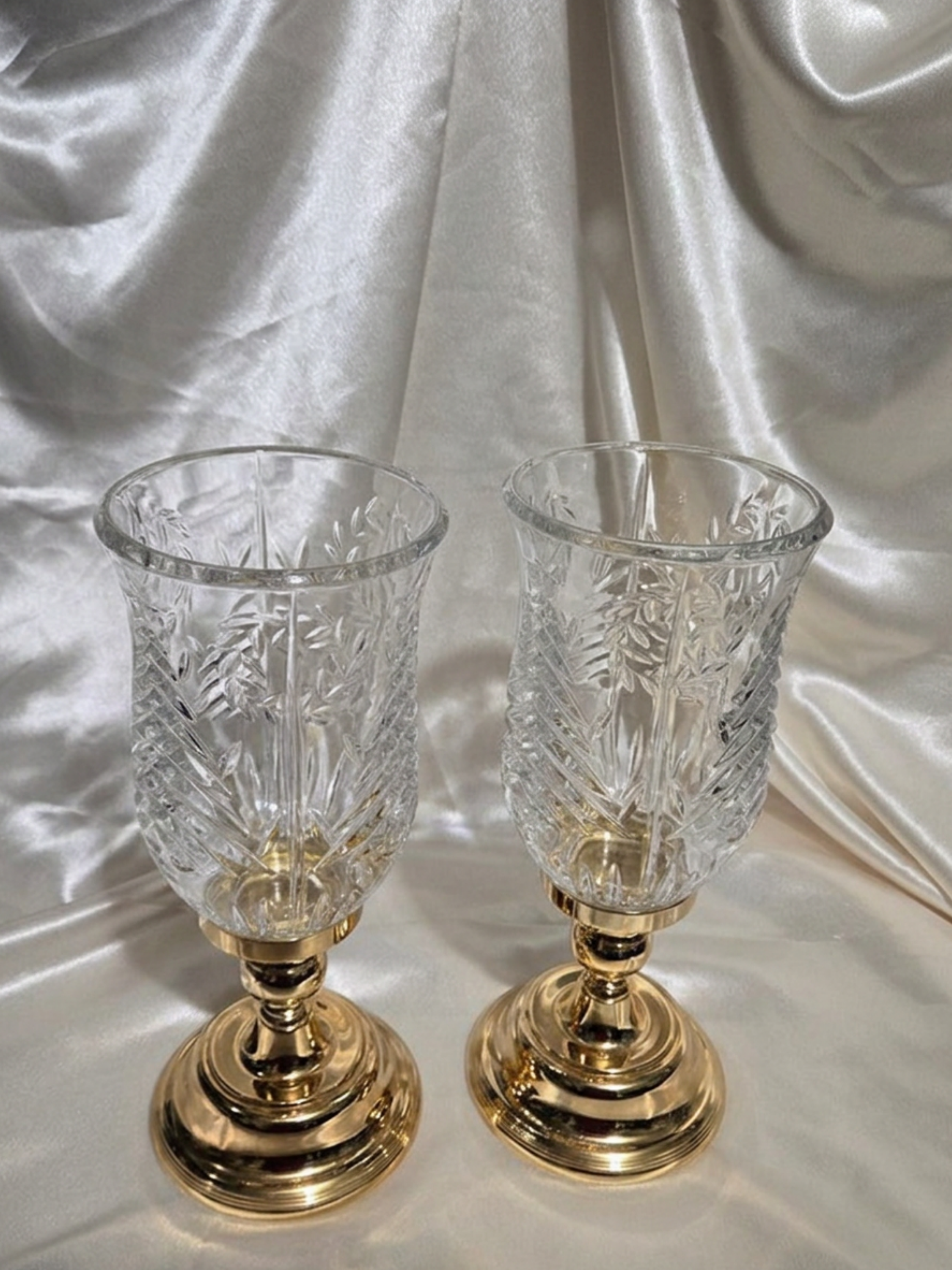 Vintage International Silver Lead Crystal Hurricane Candle Holders Pair 1997