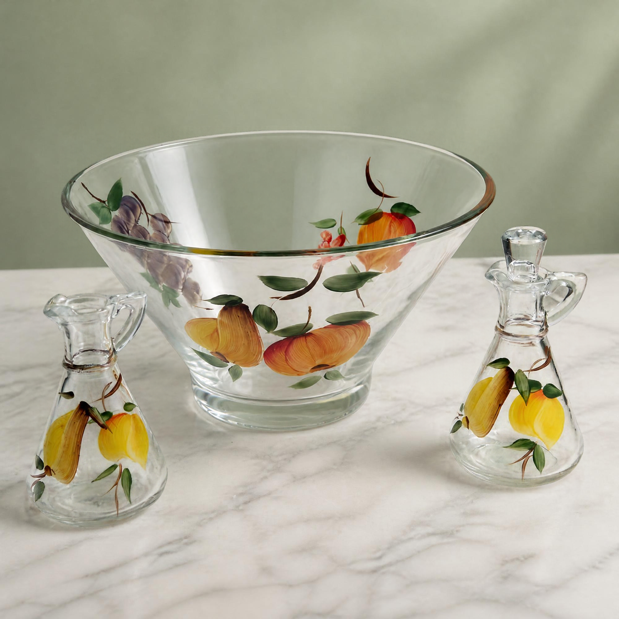 Vintage Hand Painted Fruit Glass Salad Bowl with Oil Vinegar Cruets 3 Piece Set
