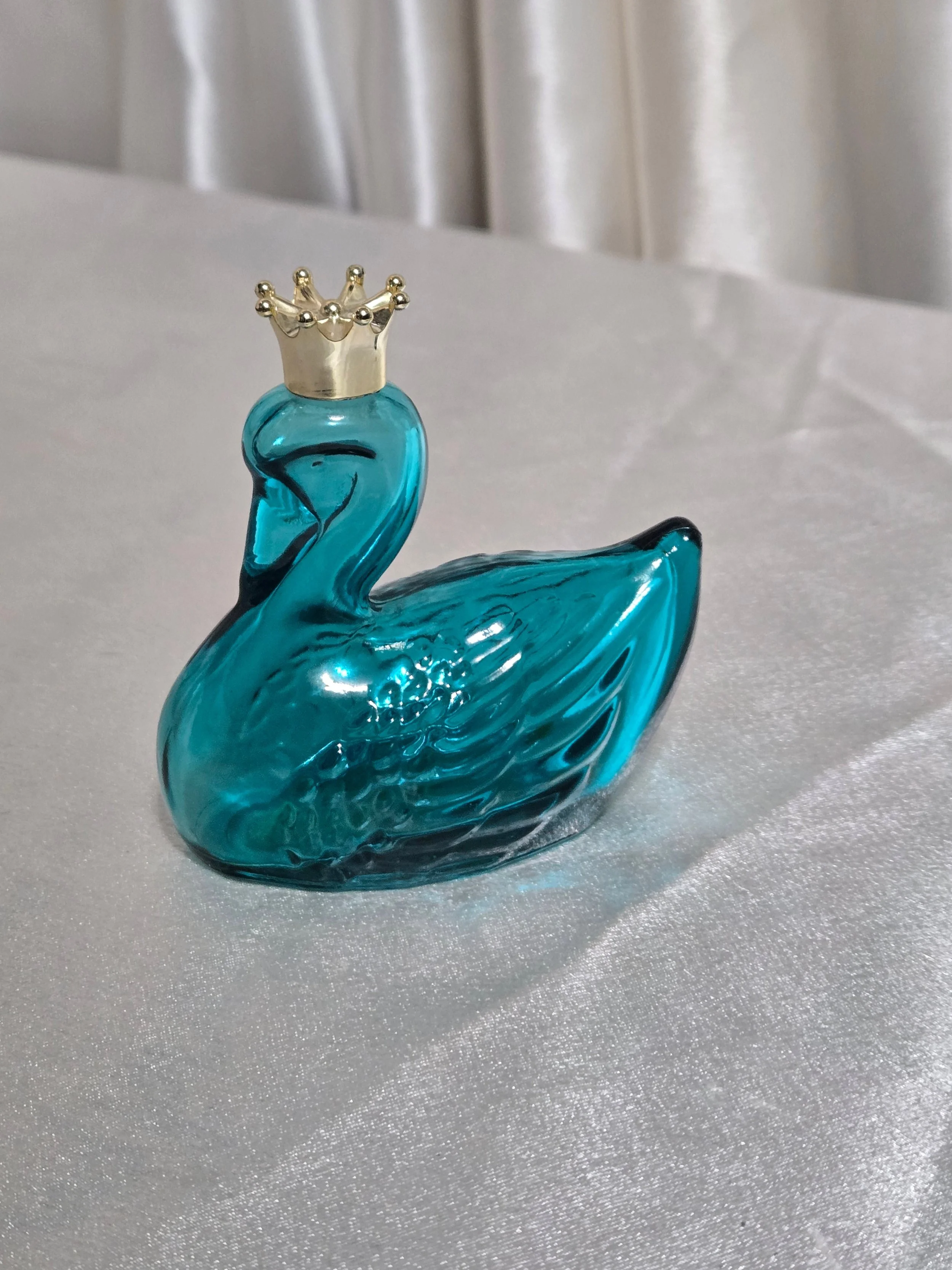 Vintage Avon Teal Swan Perfume Bottle with Gold Crown Stopper 1974