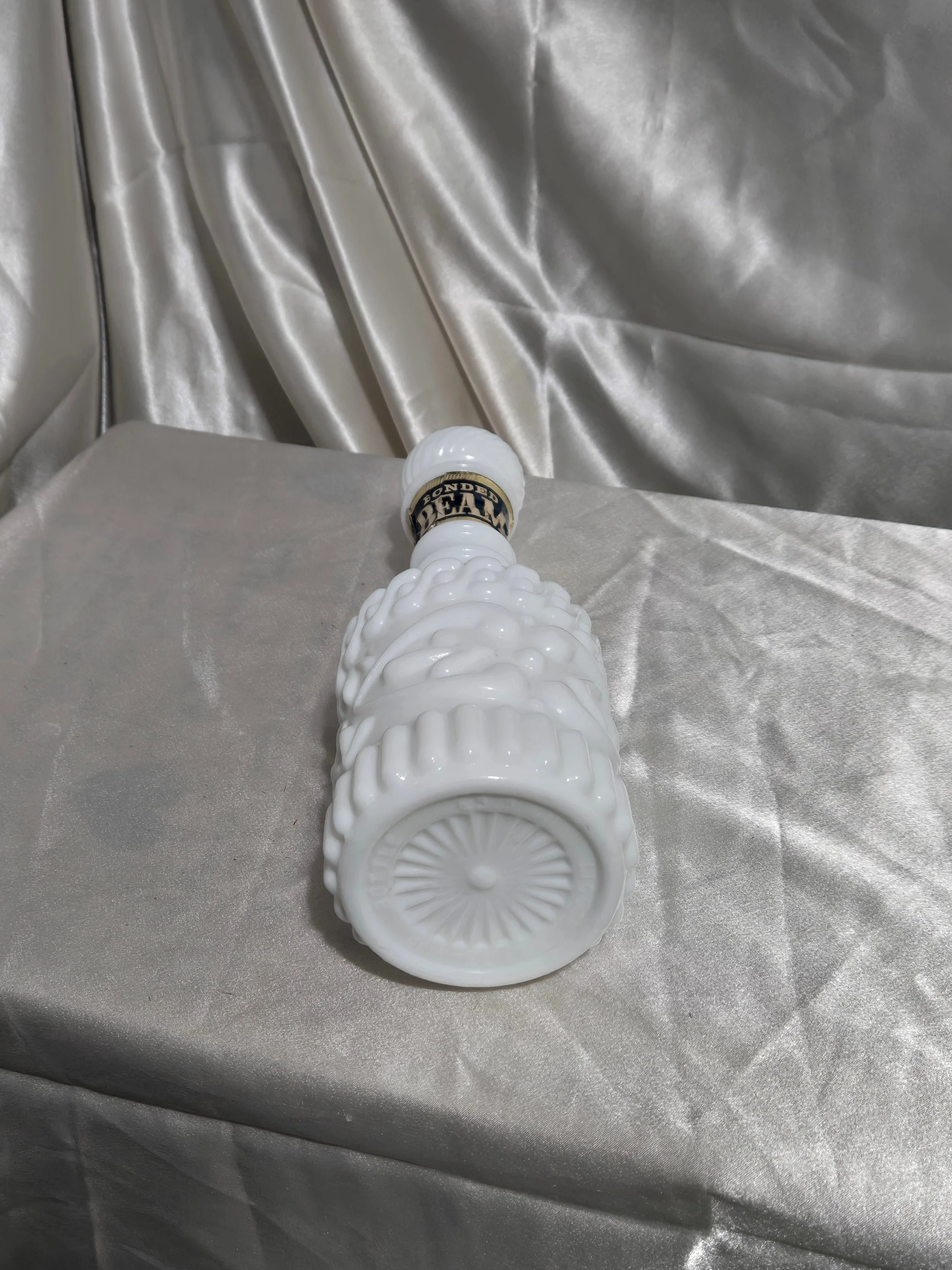 Vintage white milk glass Jim Beam whiskey bottle, retro barware collectible