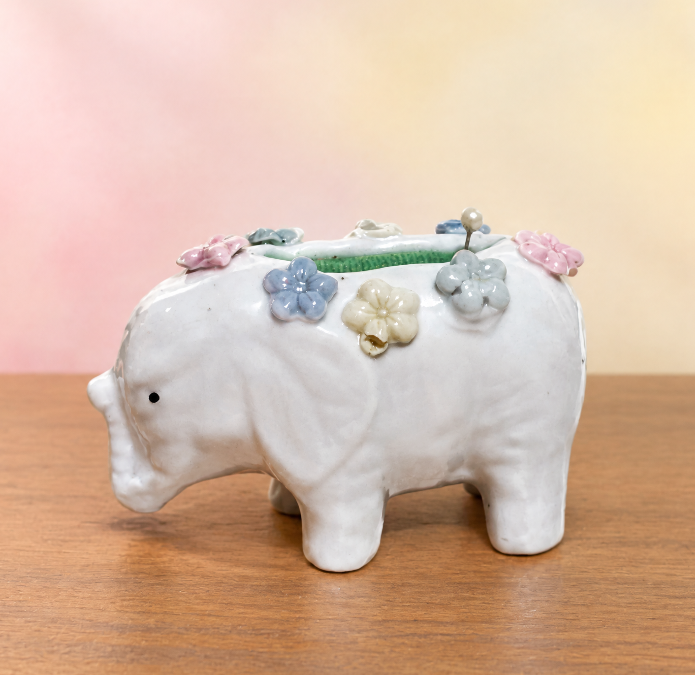 Vintage Ceramic Elephant Pincushion, Floral Sewing Notions Holder, Cottagecore Sewing Room Decor