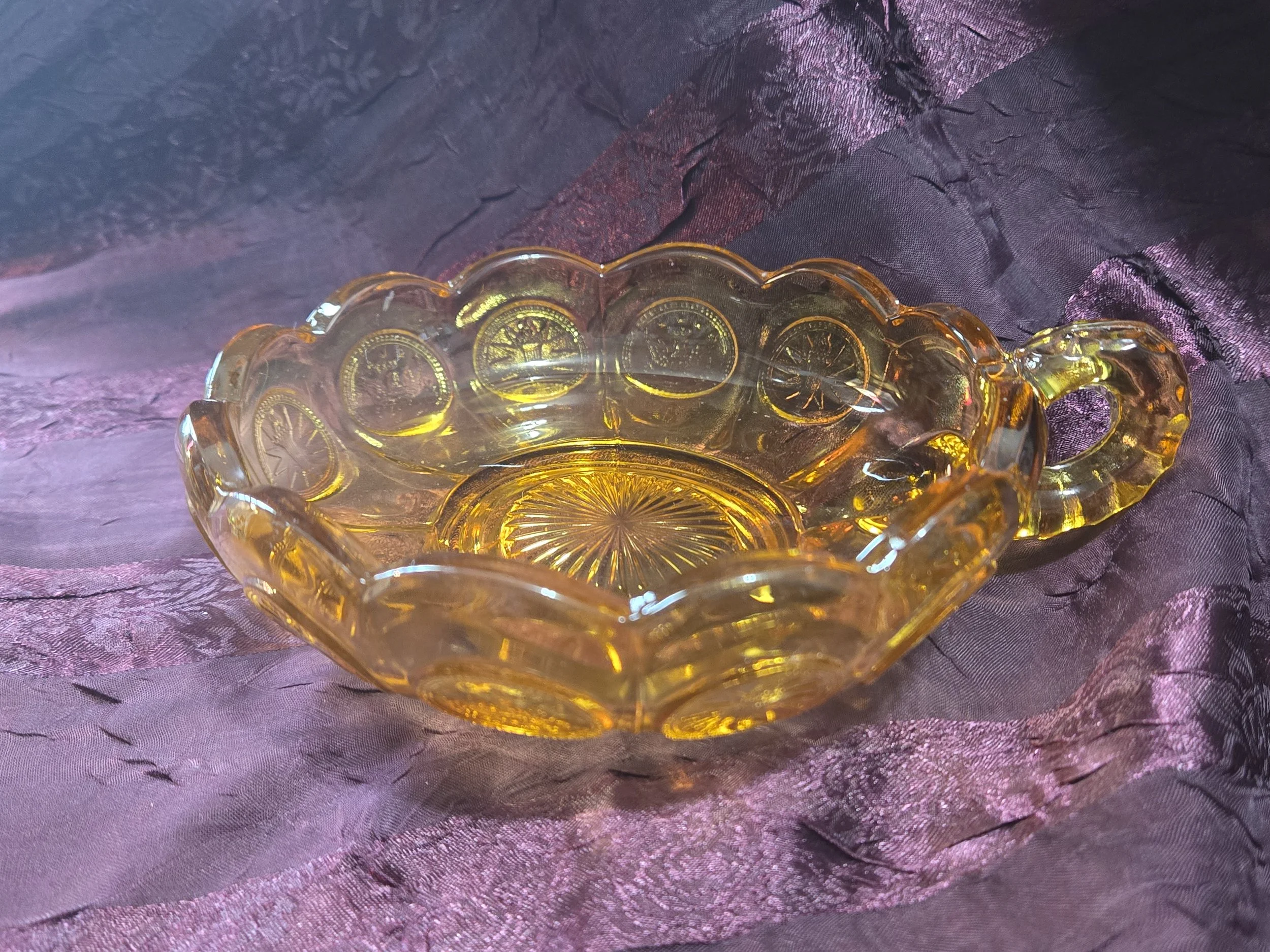 Vintage Amber Pressed Glass Handled Dish – Mid Century Serving Bowl, Honey Gold Relish Candy Dish, Retro Kitchen Decor