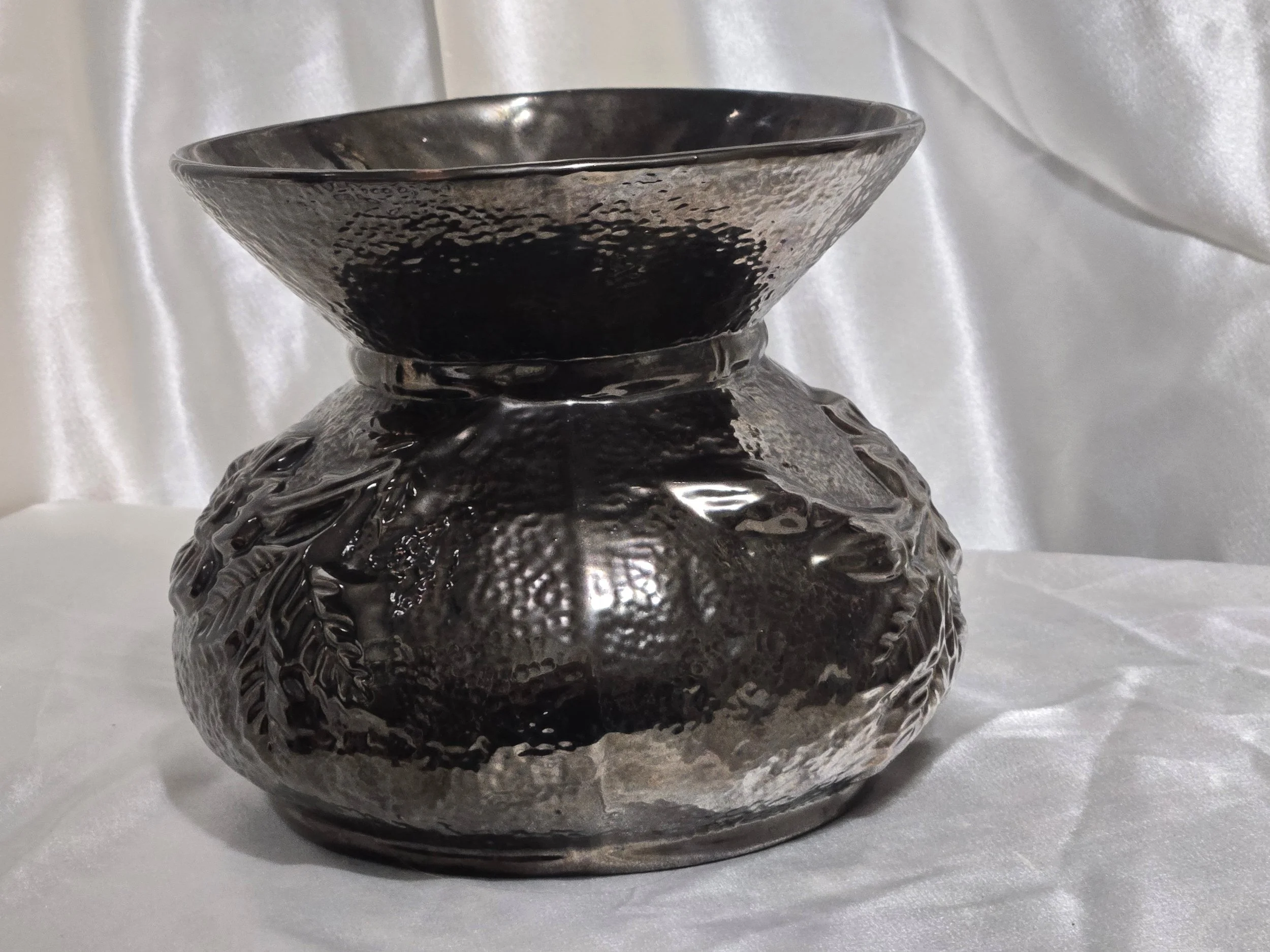 Textured vintage art pottery vase glossy black finish