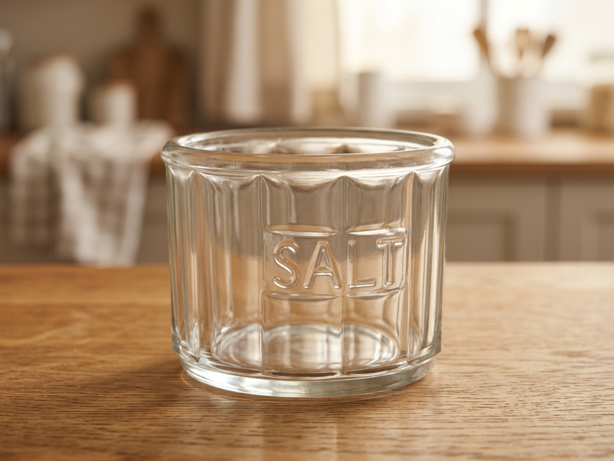 Vintage Glass Salt Cellar • Embossed SALT Paneled Pressed Glass