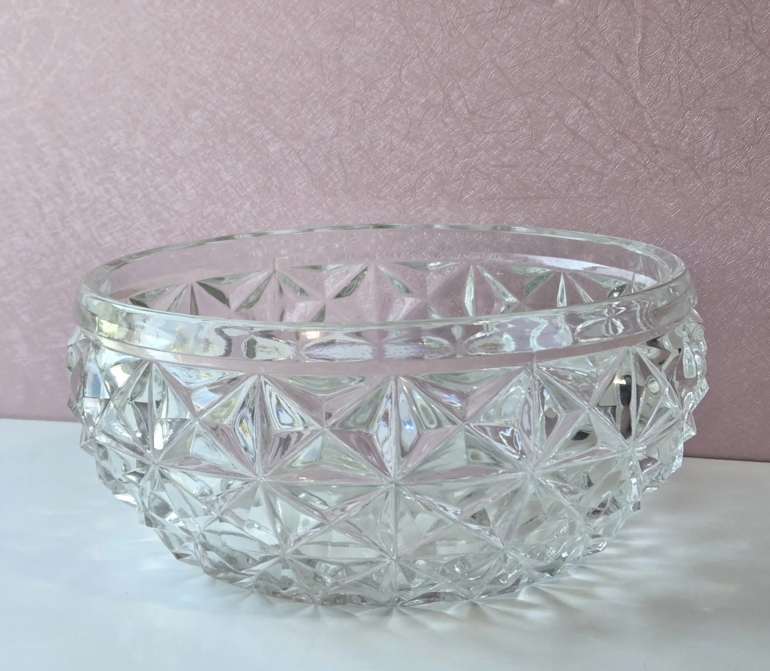 Vintage Clear Pressed Glass Starburst Serving Bowl • 8” Geometric Fruit Salad Dish