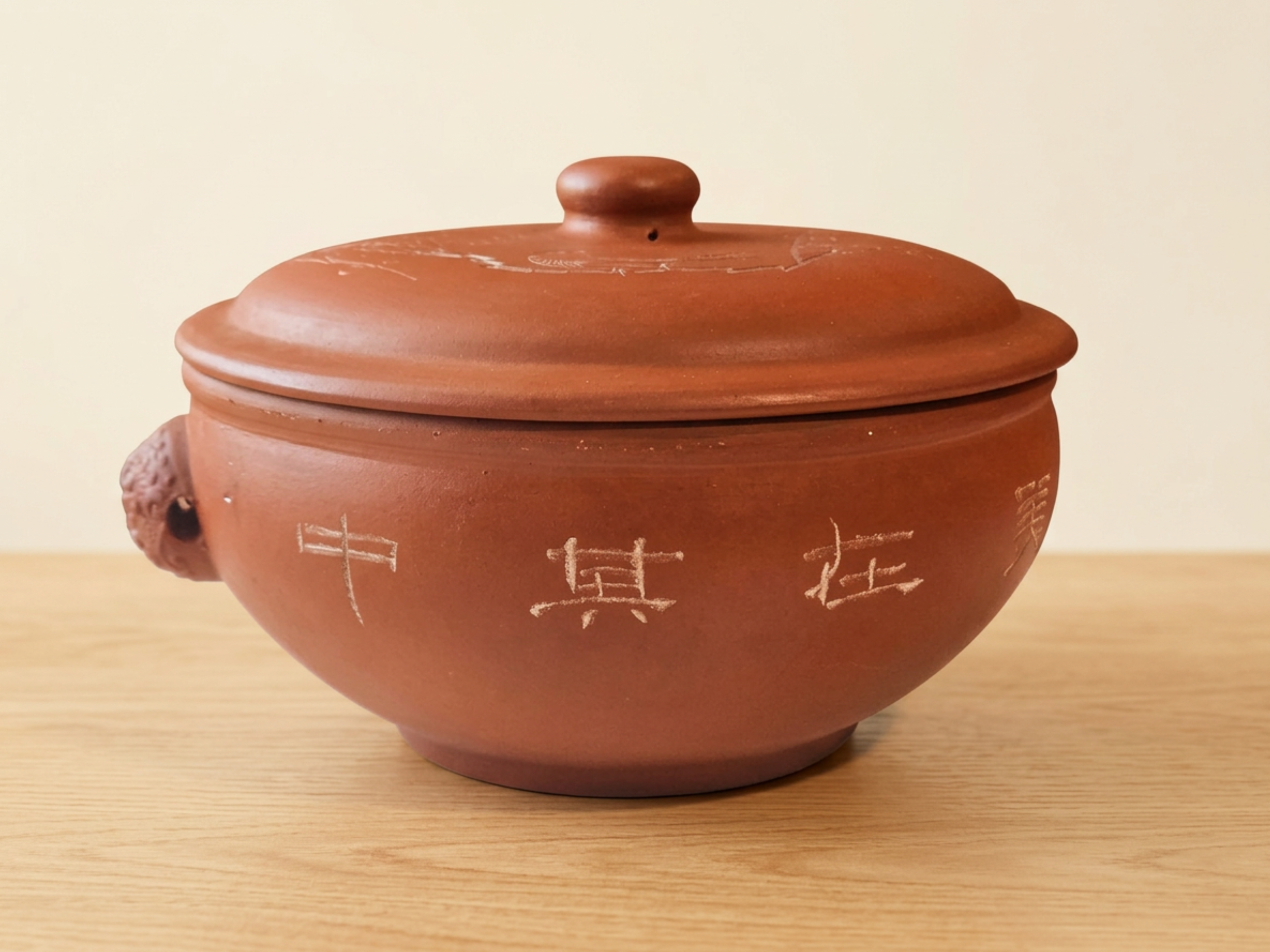 Vintage Chinese Red Clay Lidded Pot • Etched Character Stoneware Vessel • Yixing Style Pottery