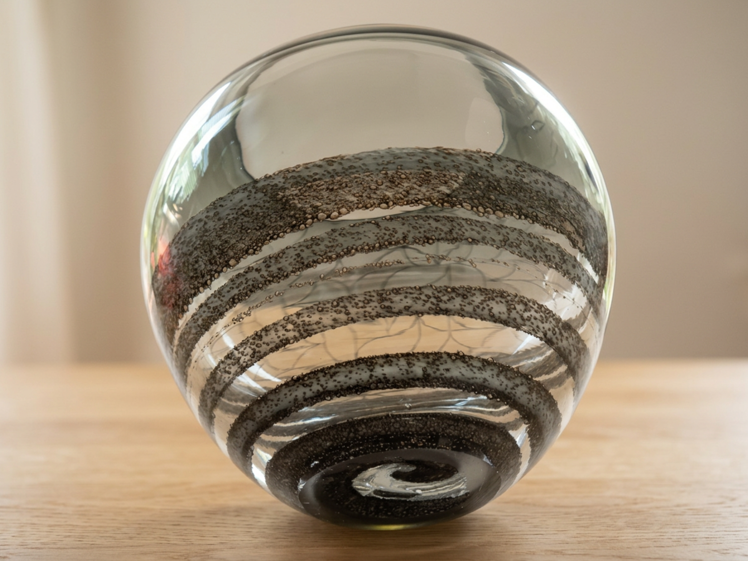 Vintage Smoky Gray Glass Vase • Round Bubble Bowl Floral Centerpiece • Heavy Glass Vessel
