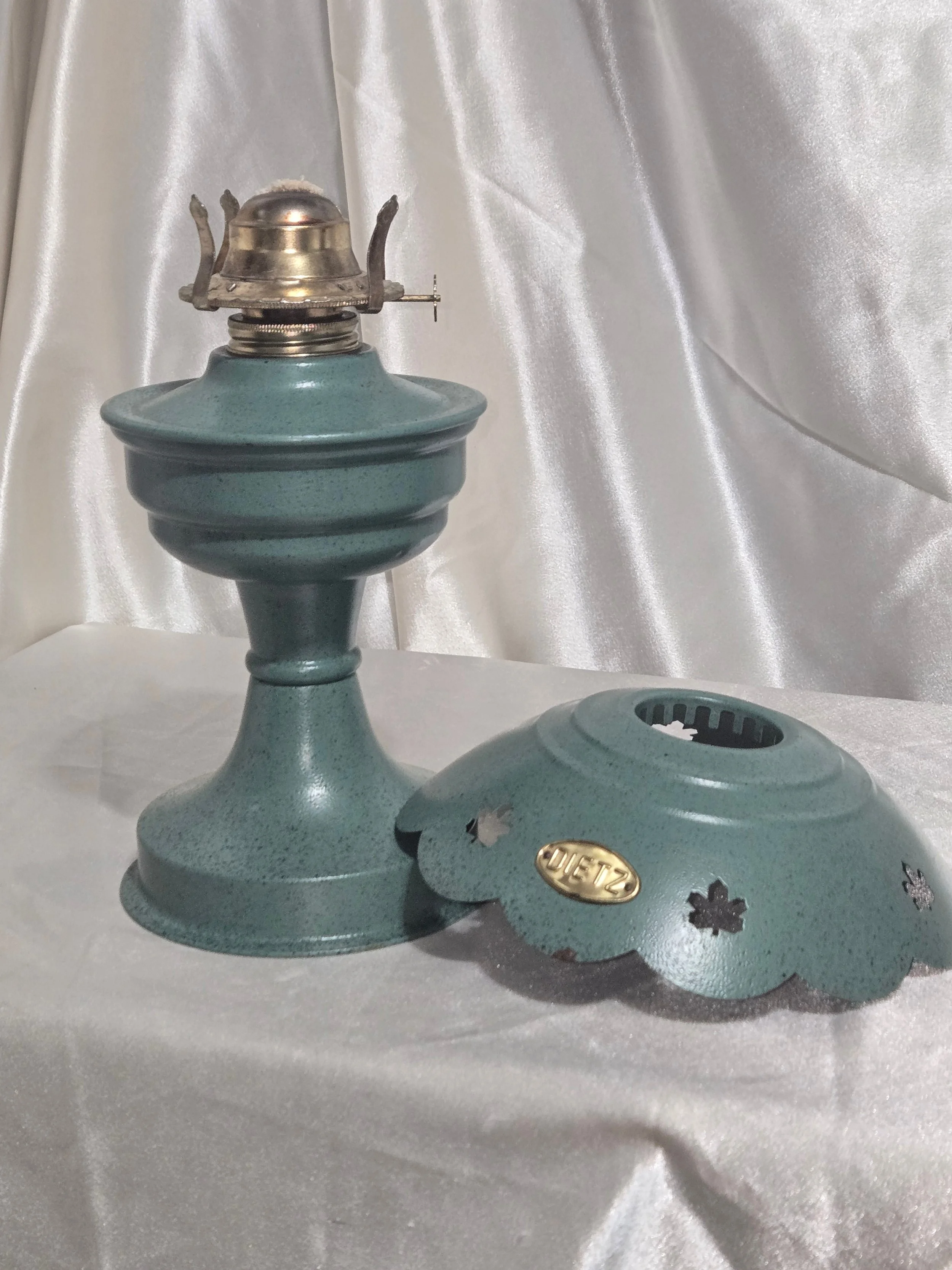 Vintage Dietz Oil Lamp Base (Teal / Blue-Green) with Shade
