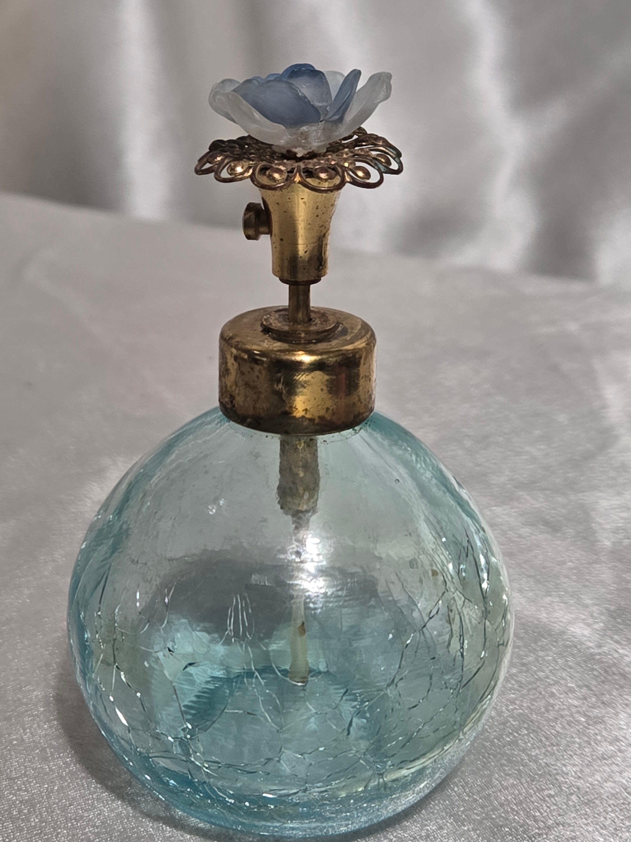 Antique vanity perfume bottle aqua blue crackle glass