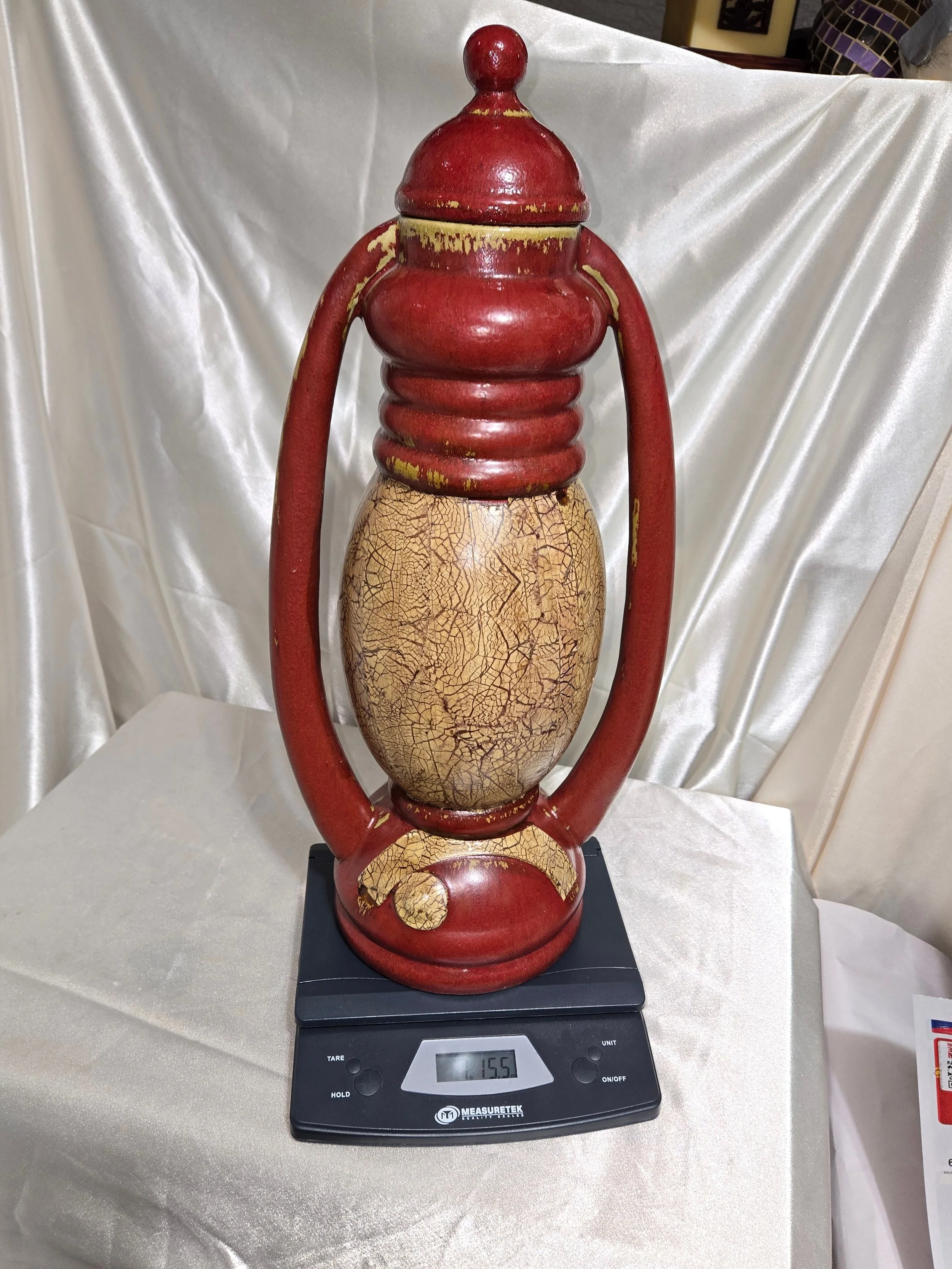 Vintage Grecian-style ceramic urn vase with crackle glaze finish and twin handles displayed on neutral backdrop.