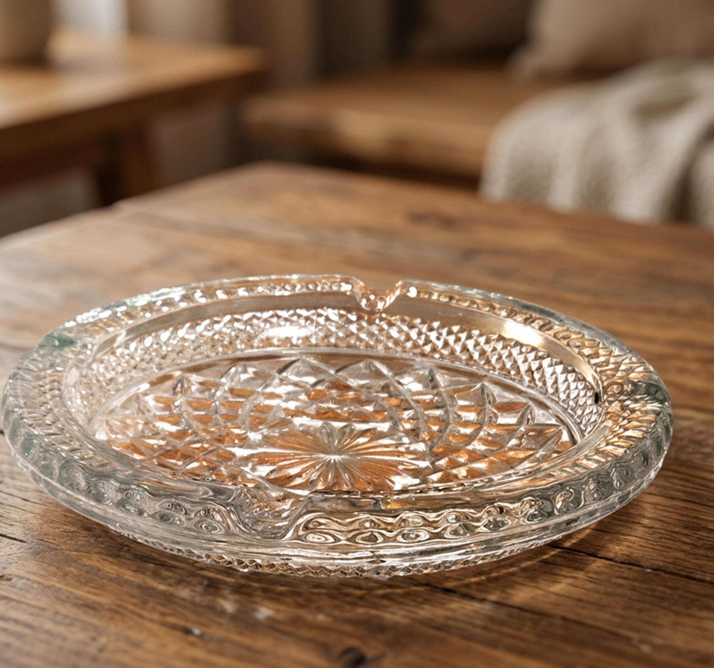 Vintage Anchor Hocking Wexford Ashtray • Clear Pressed Glass Diamond Pattern Catchall Dish