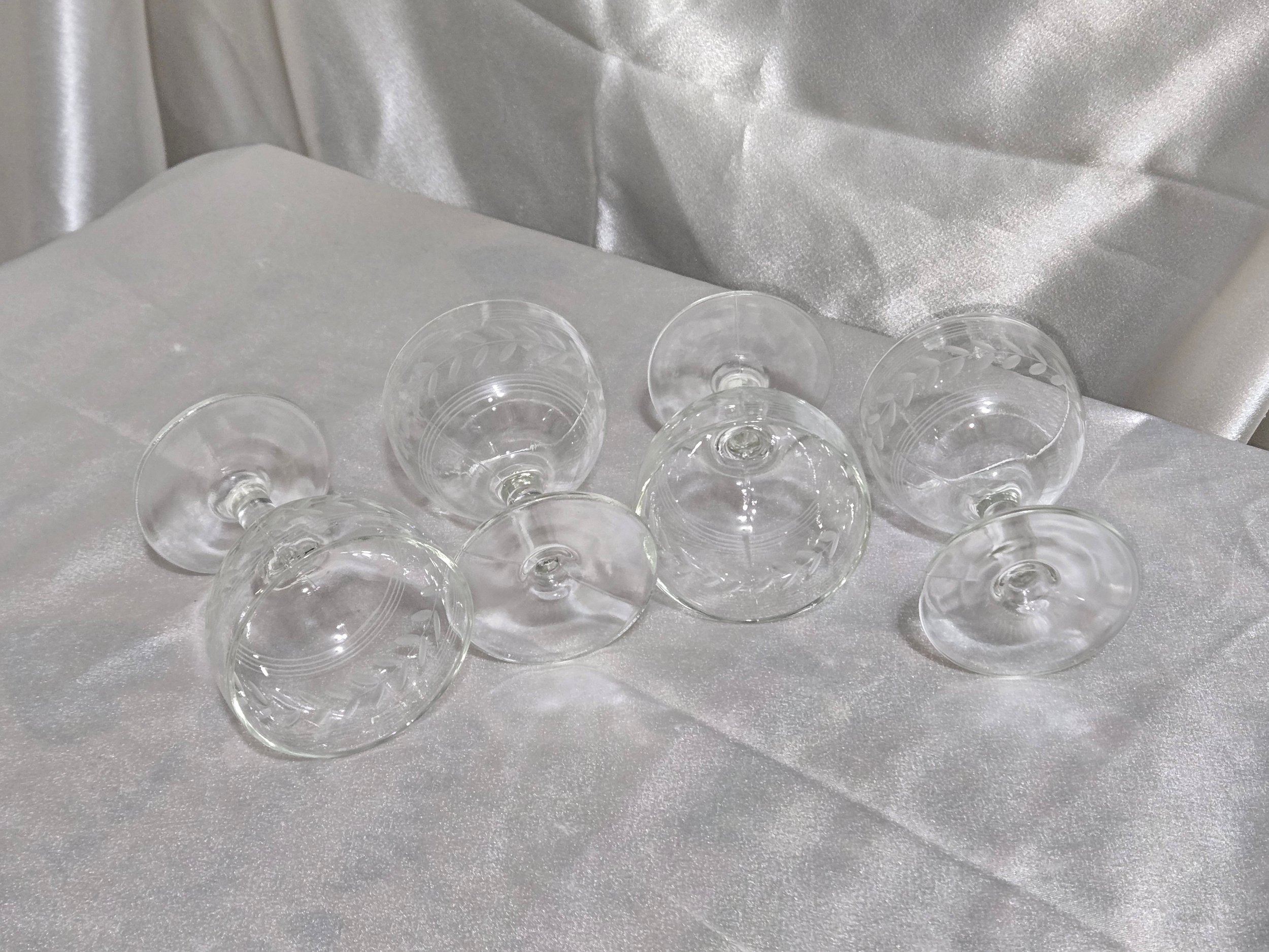 Set of four vintage Anchor Hocking AHC55 etched coupe glasses in clear pressed glass