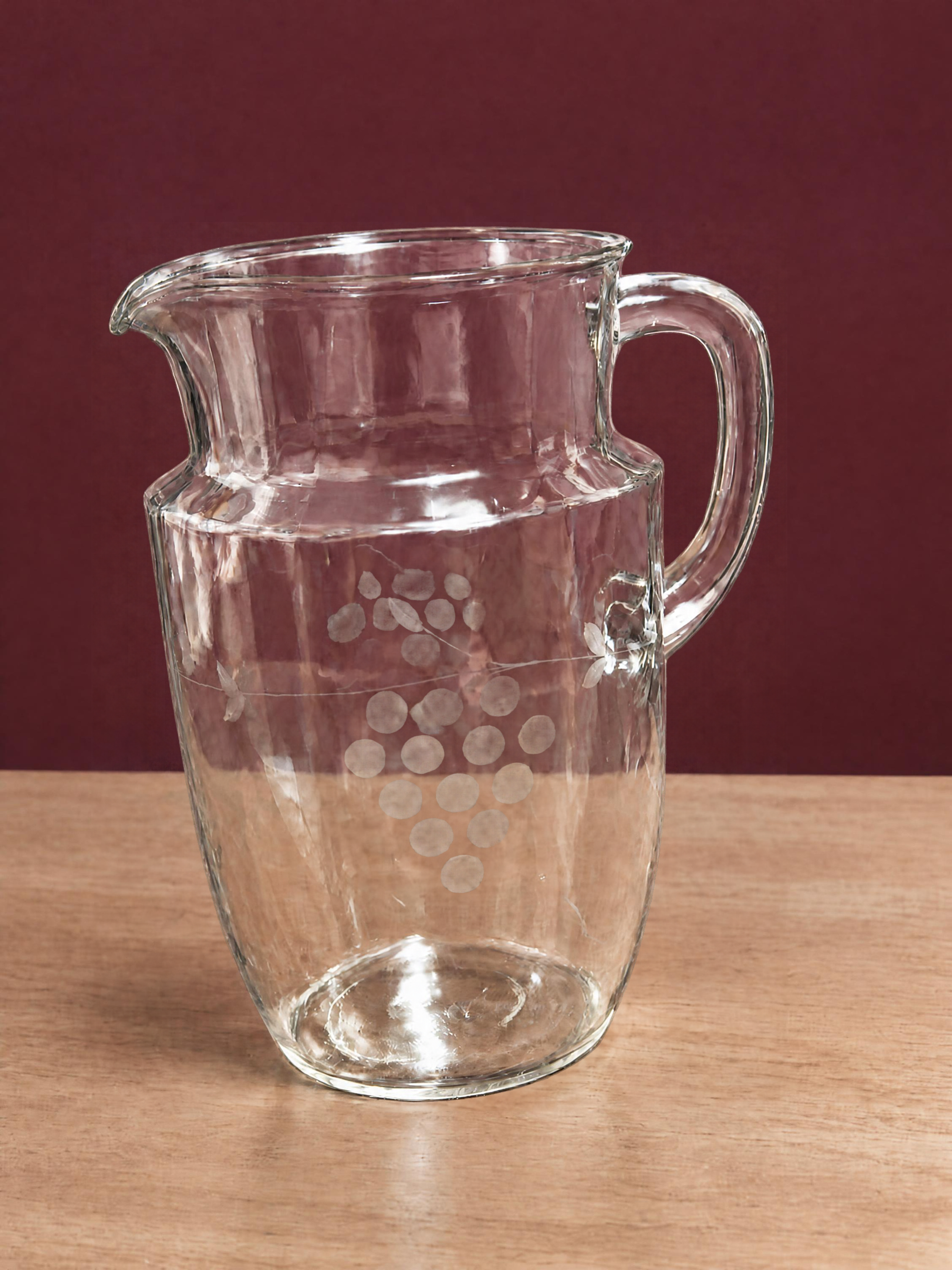 Vintage Etched Grape Glass Pitcher 8.5 Inch Clear Water Jug Frosted Grapevine Design