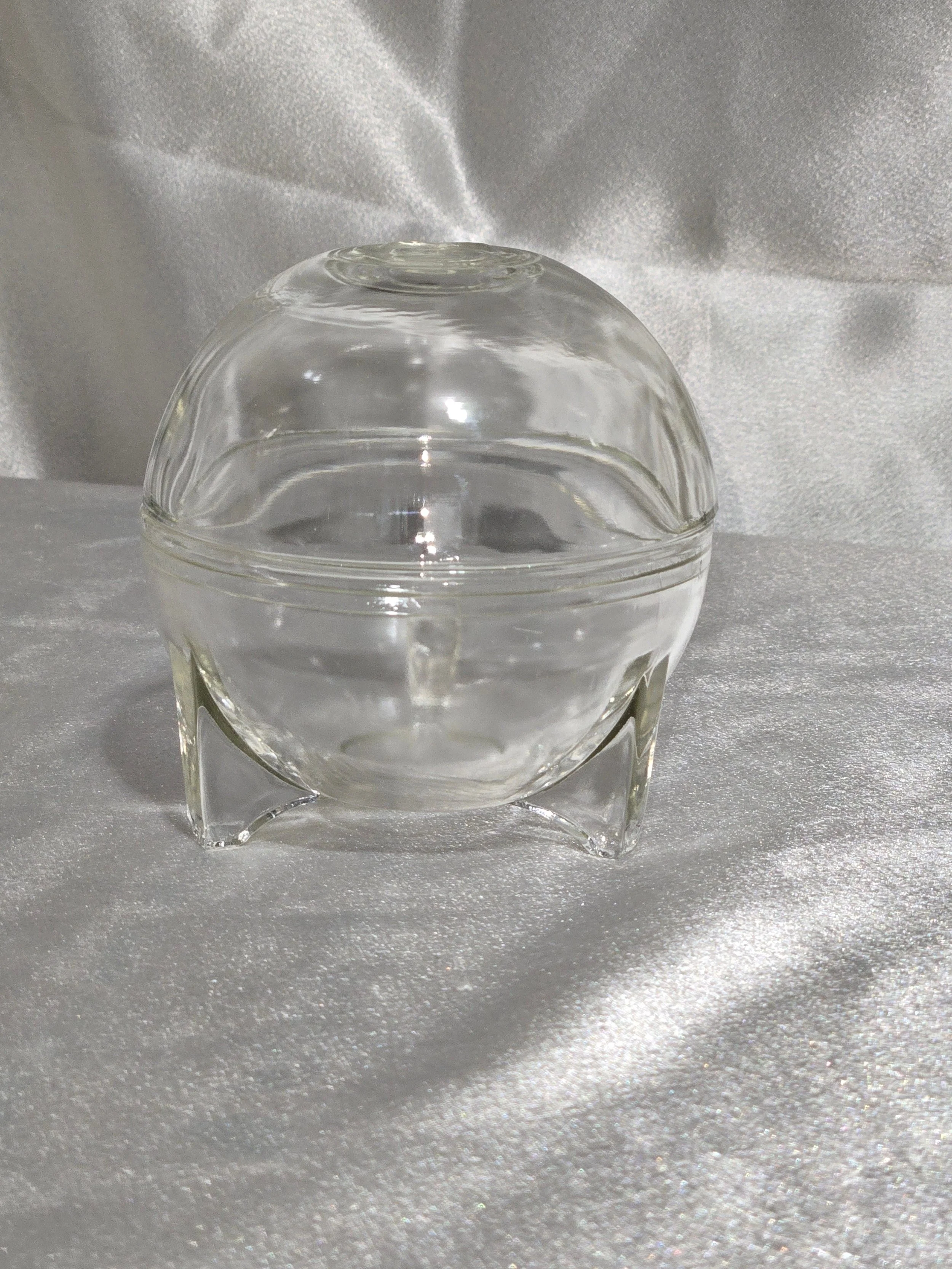Vintage Clear Glass Orb Dish with Rose Embossed Lid, Three-Footed Glass Bowl