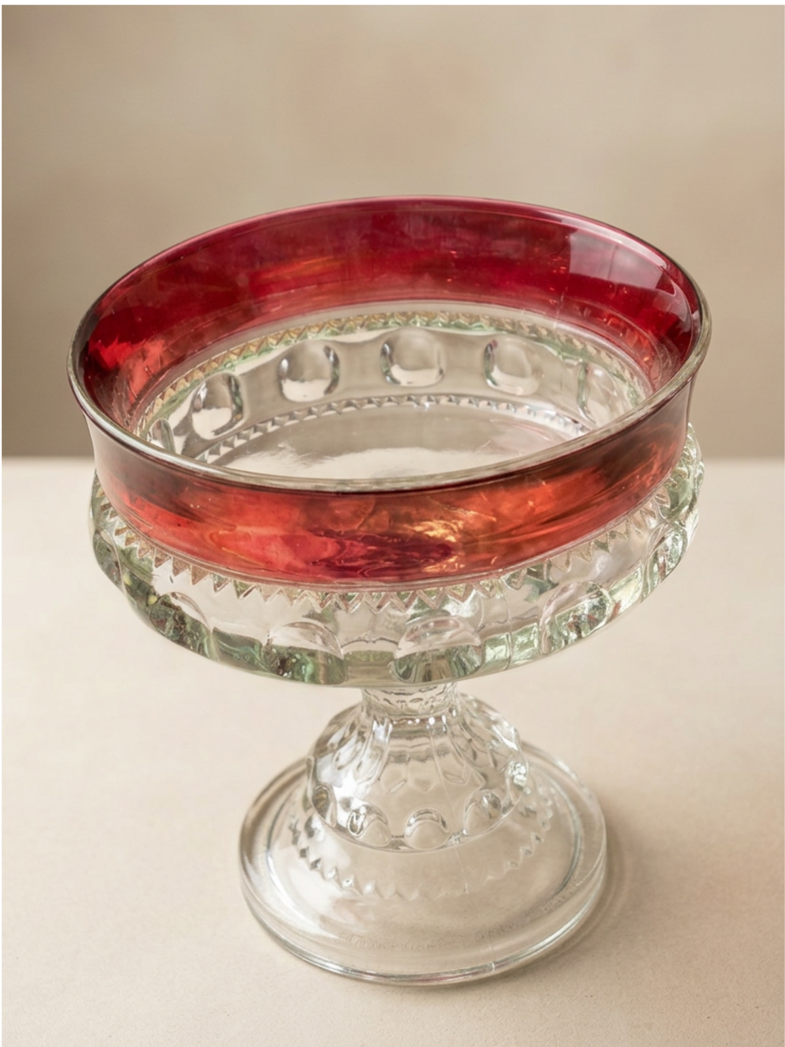 Vintage Indiana Glass King’s Crown Ruby Flash Compote, Thumbprint Pedestal Candy Dish, 1960s
