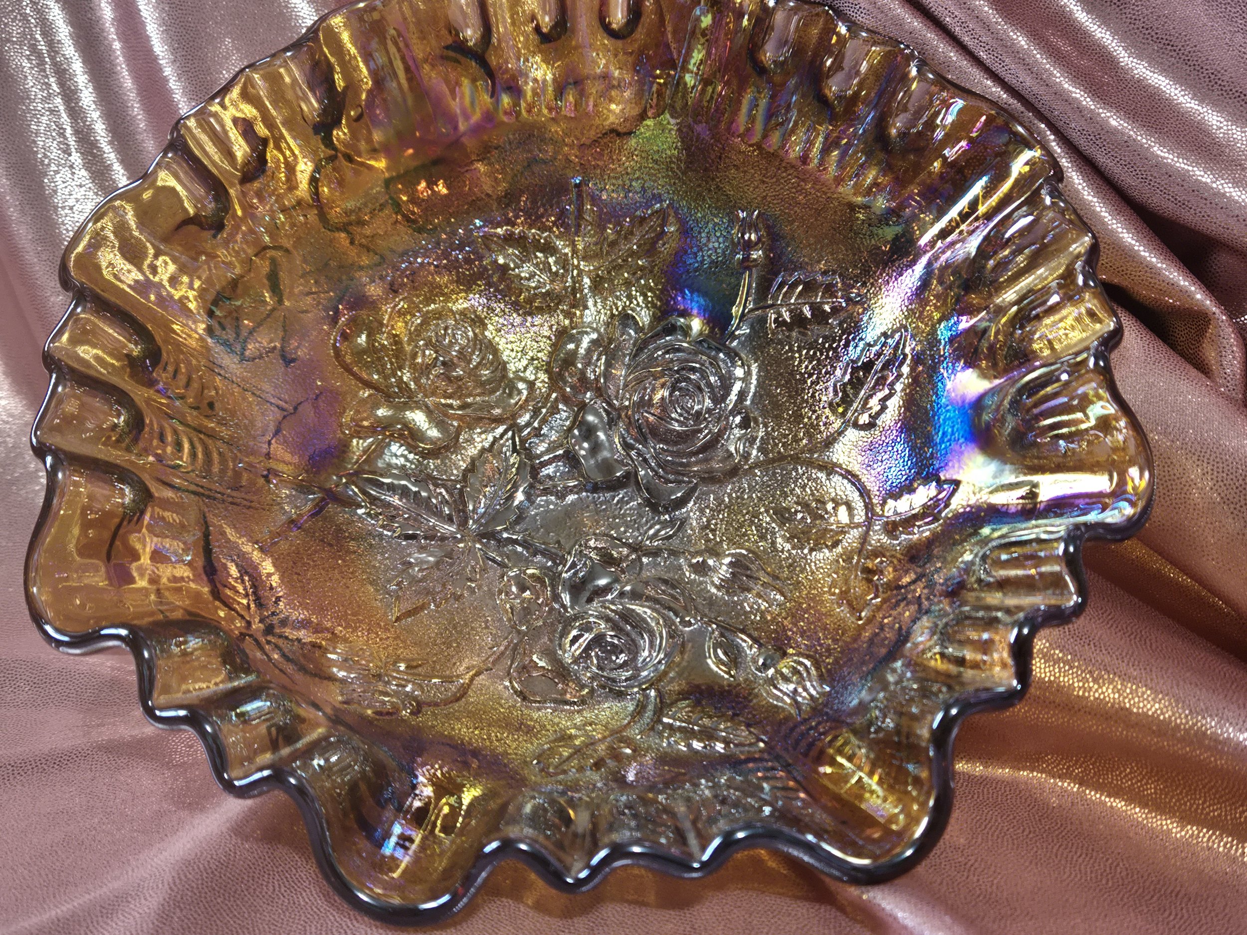 Vintage Imperial Lustre Rose Carnival Glass Bowl – Amber Iridescent Footed Ruffled Edge 8” Open Rose Pattern