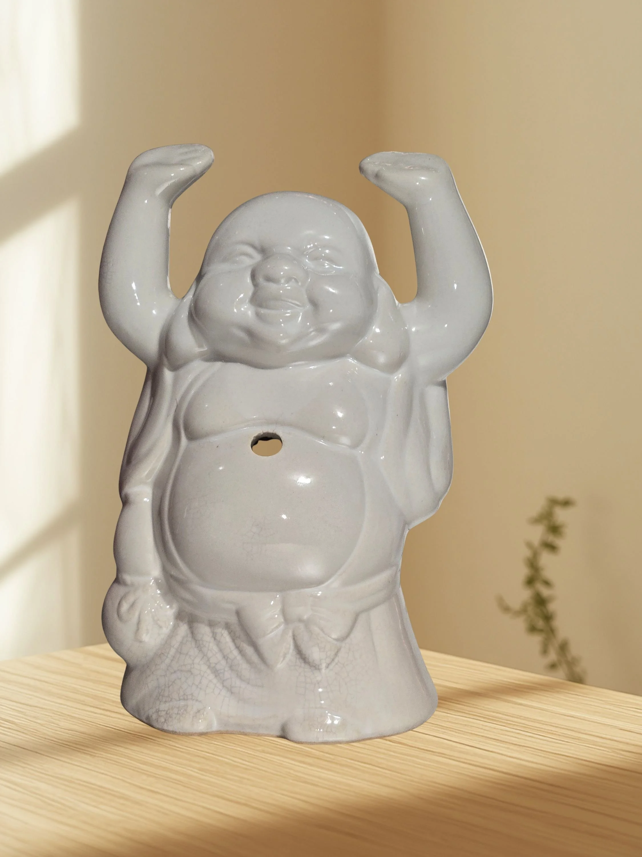 Vintage Happy Buddha Figurine Ceramic Hotei Statue Crackle Glaze 7 Inch