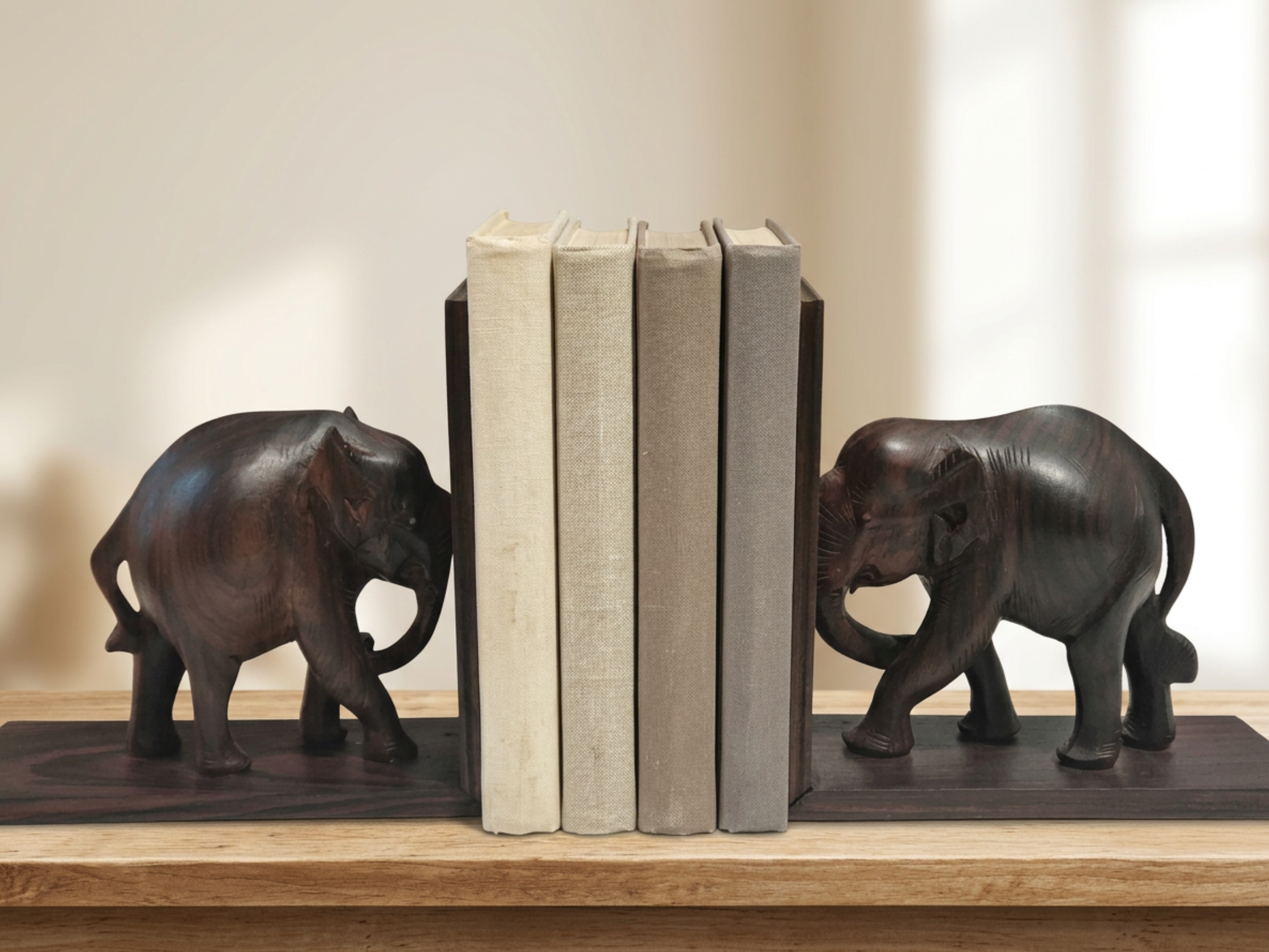 Vintage Carved Wood Elephant Bookends Set of 2 • Safari Boho Bookshelf Decor