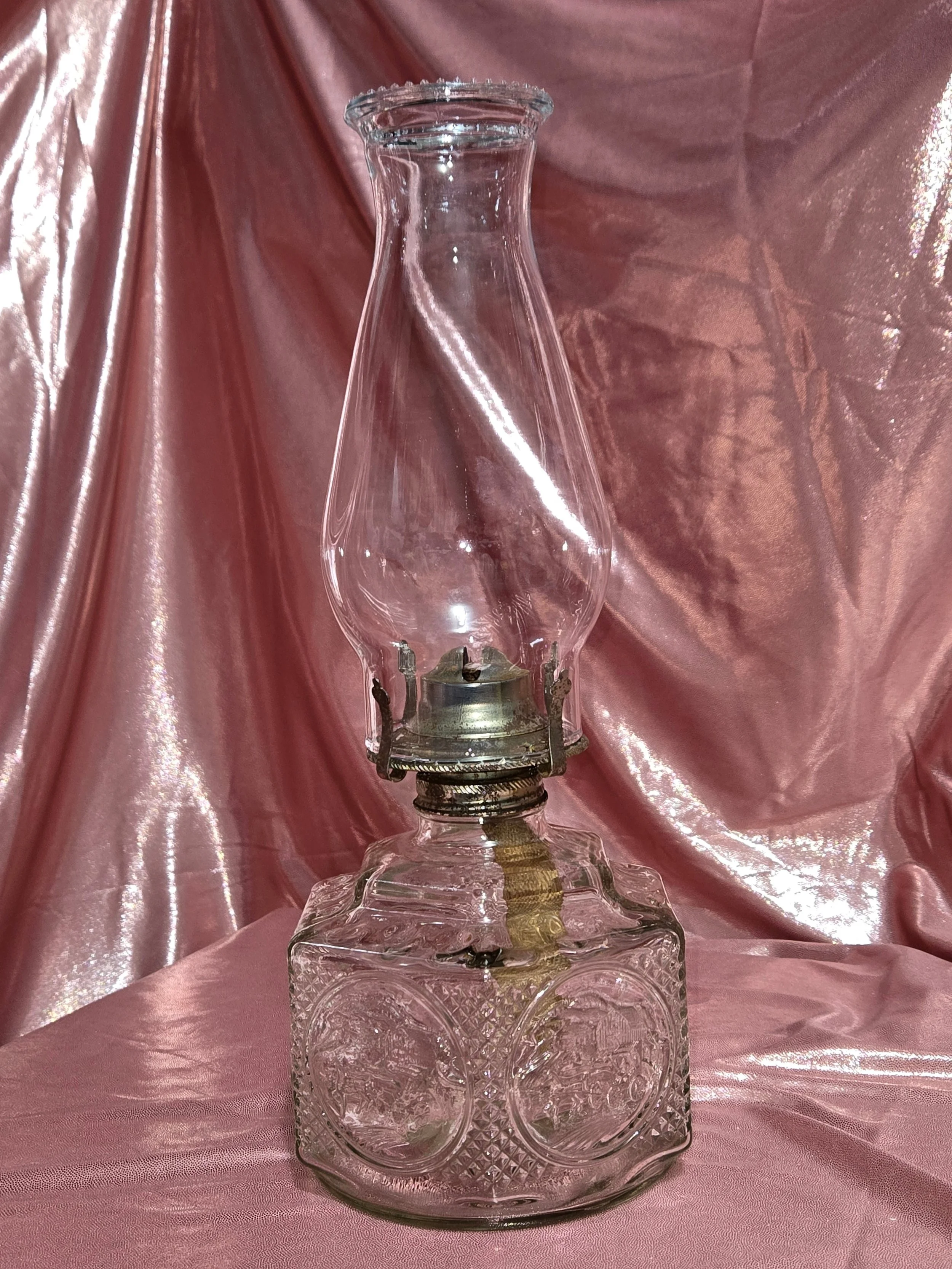 Antique Embossed Glass Oil Lamp with Chimney • Working Kerosene Farmhouse Lighting