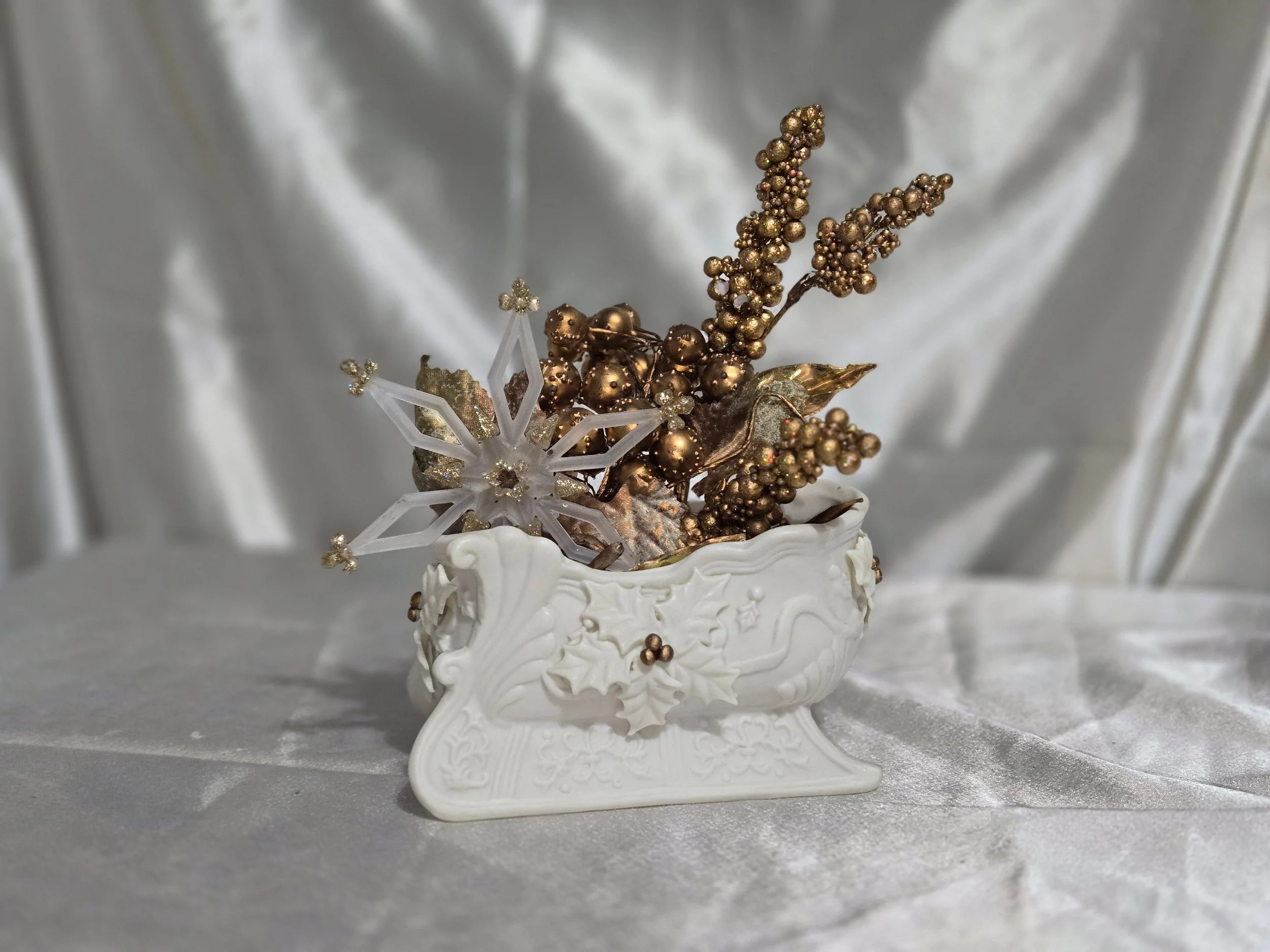 Vintage Porcelain Sleigh Centerpiece with Gold Holiday Picks