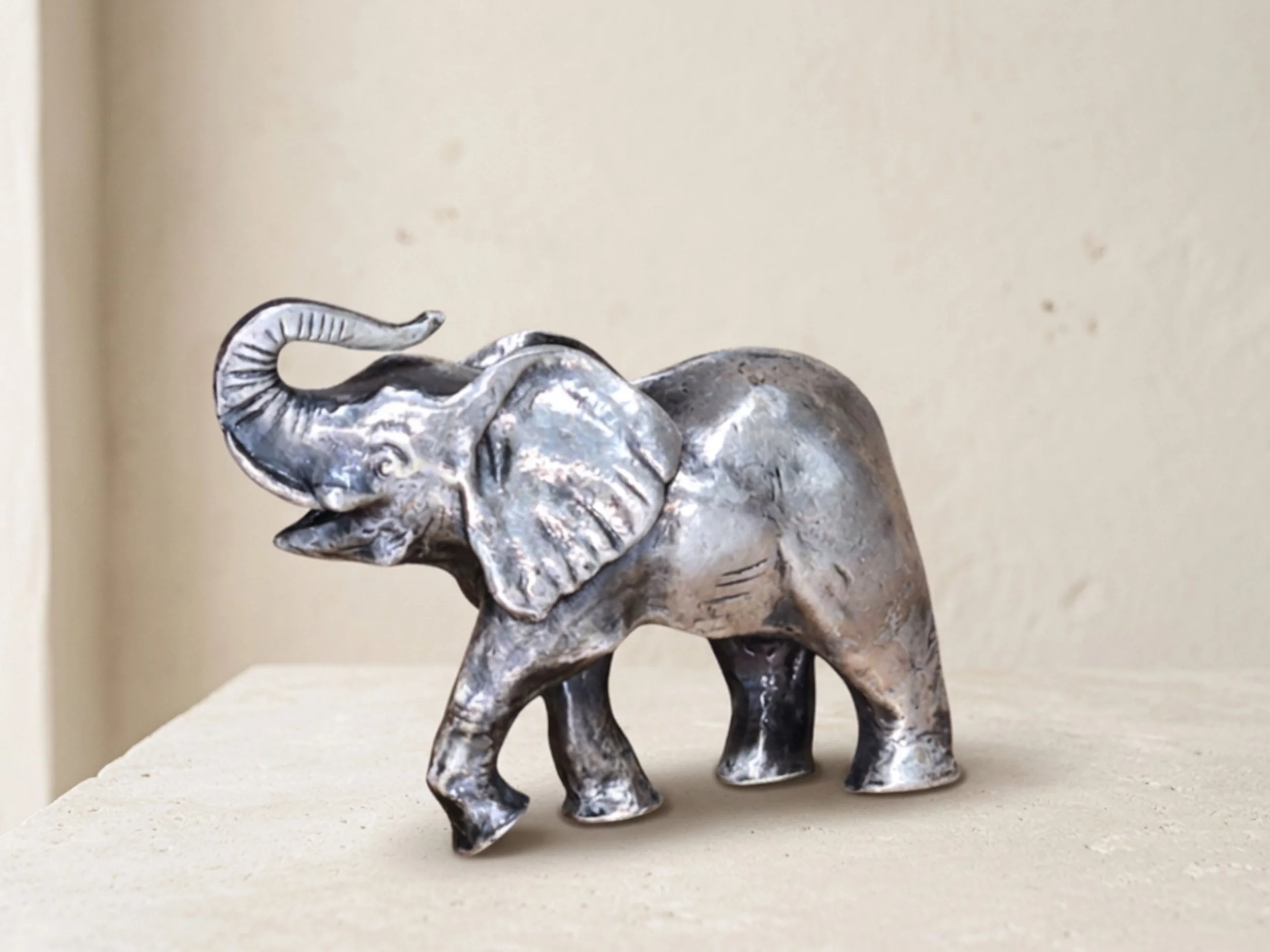 Mini Silver Elephant Figurine Trunk Up Good Luck Decor